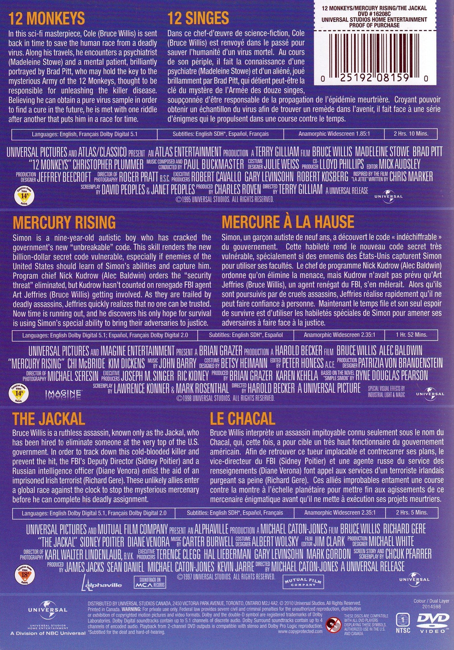 12 Monkeys / Mercury Rising / The Jackal (Triple Feature) - Very Good