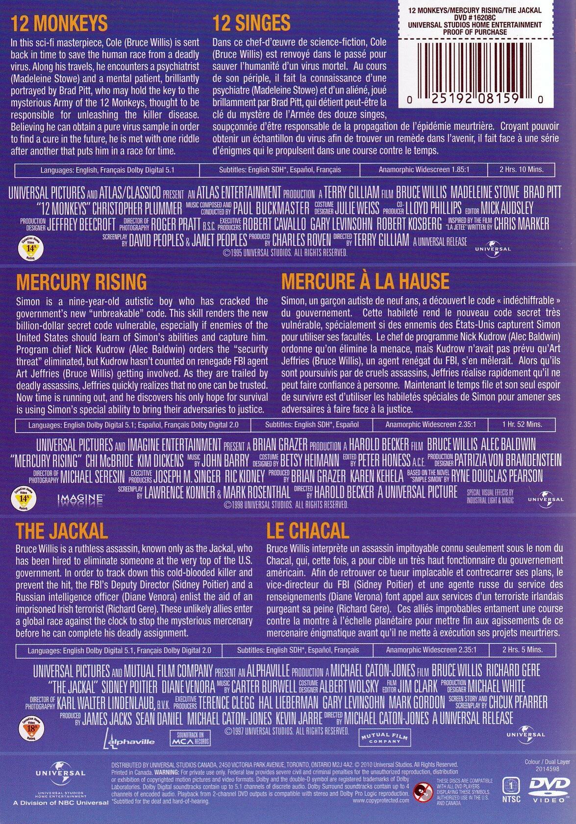 12 Monkeys / Mercury Rising / The Jackal (Triple Feature) - Good