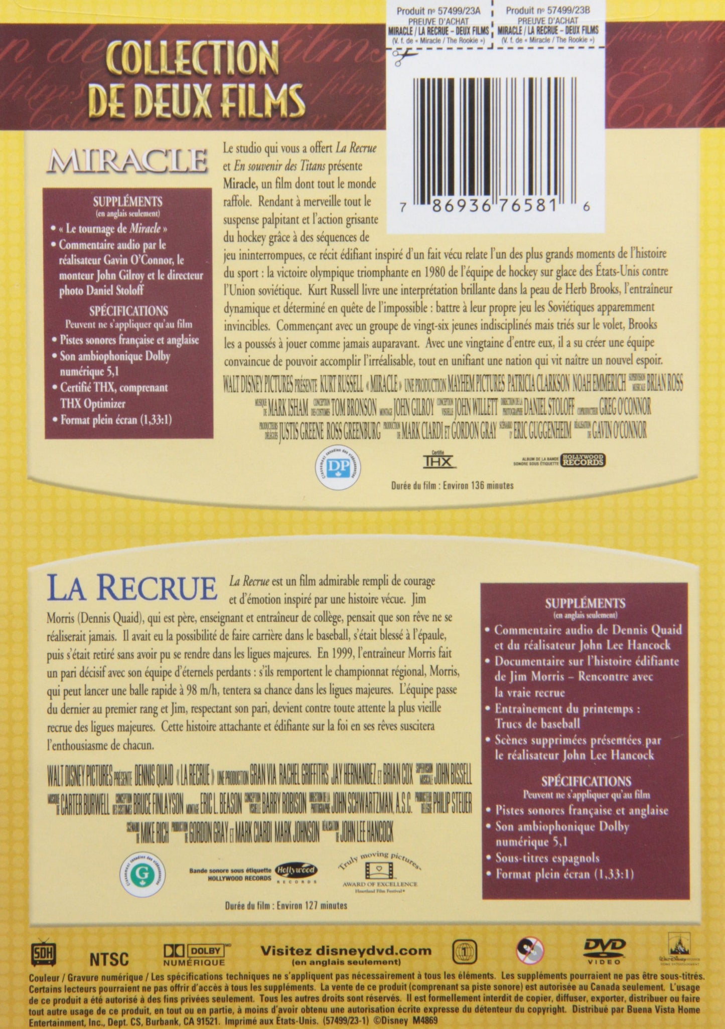 Miracle/The Rookie DVD 2-Pack (Bilingual) [Very Good]