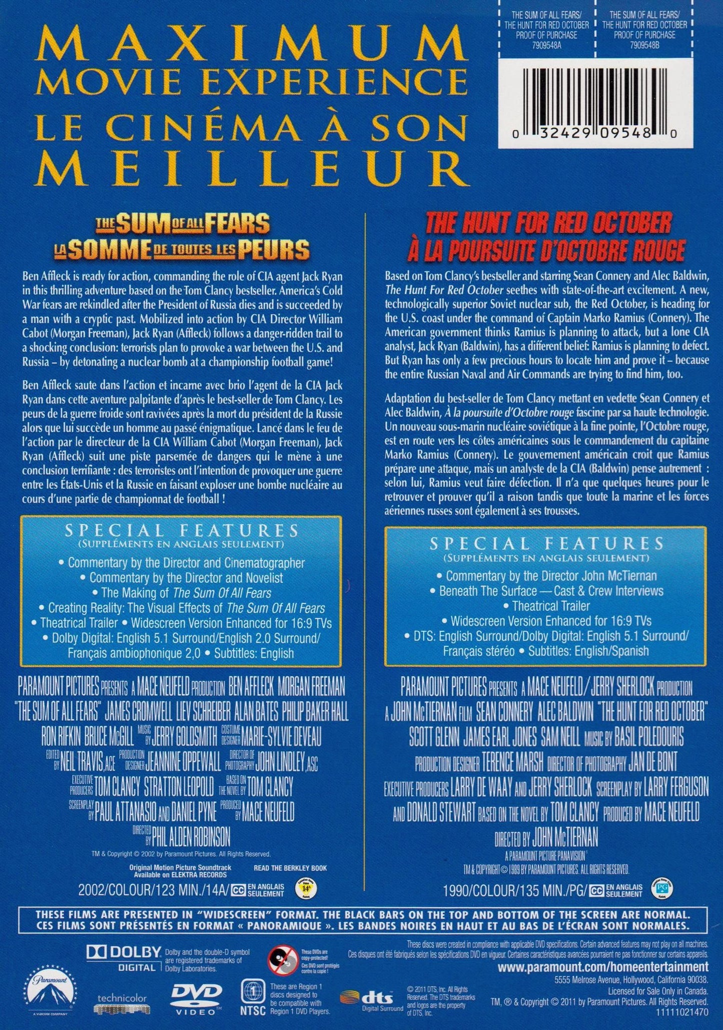 The Sum of All Fears / The Hunt for Red October (Double Feature) [Very Good]