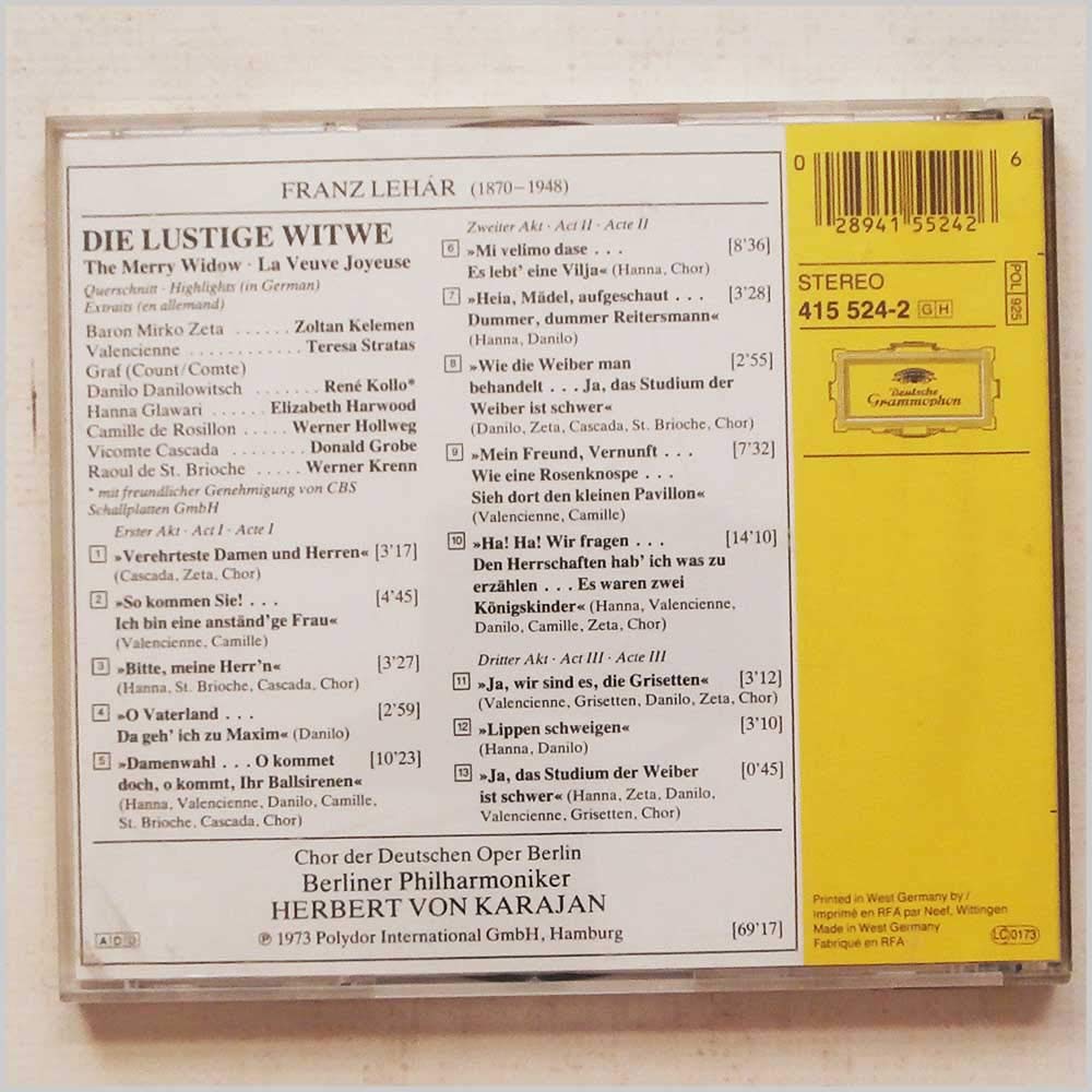 Lehar: The Merry Widow; Harwoo [Audio CD] Berlin Deutsche Oper Chorus; Harwood, Elizabep; Ka