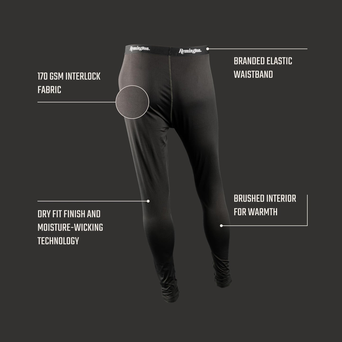 Remington - Men's Base Layer Pants Thermal Underwear - Hunting Heat Gear & Pants - Moisture-Wicking - Anti-Odor Elastic Waistband - Size L - Black