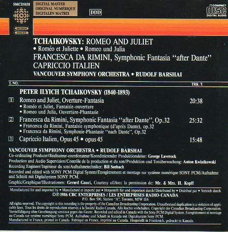 Romeo & Juliet / Francesa [Audio CD] Tchaikovsky; Barshai and Vancouver Symphony