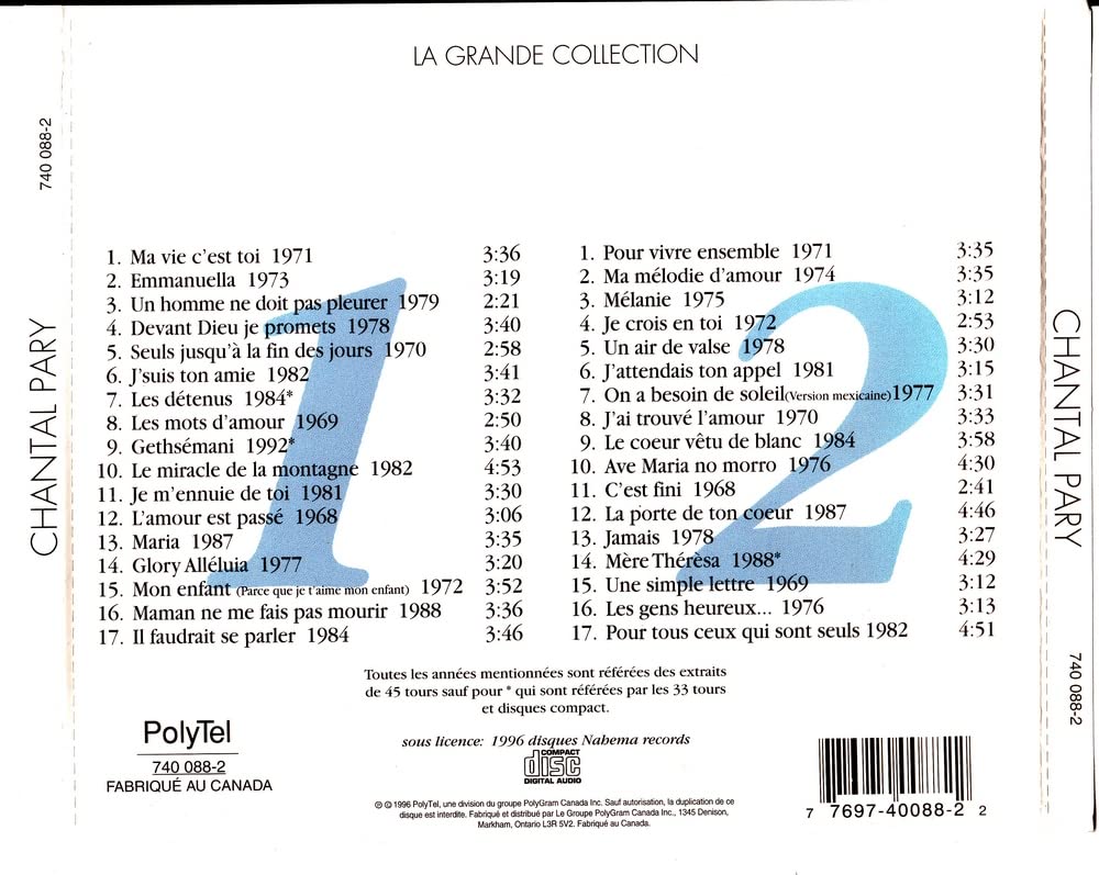 La grande collection (compilation) CDX2 - 1996 [Audio CD] CHANTAL PARY - Very Good