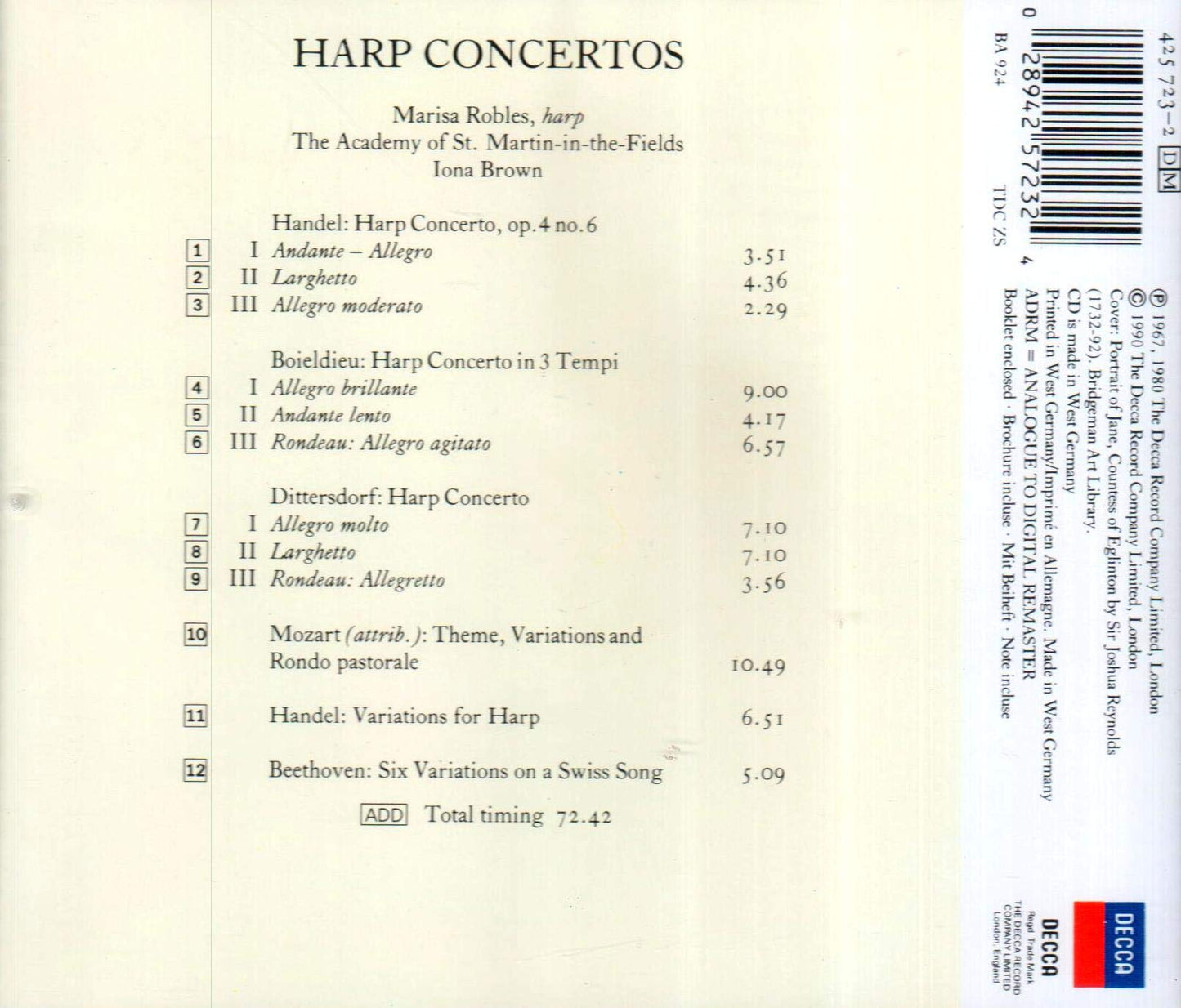 HARP CONCERTOS [Audio CD] Robles, M-Academy Of Smf; George Frederick Handel and Iona Brown - Very Good