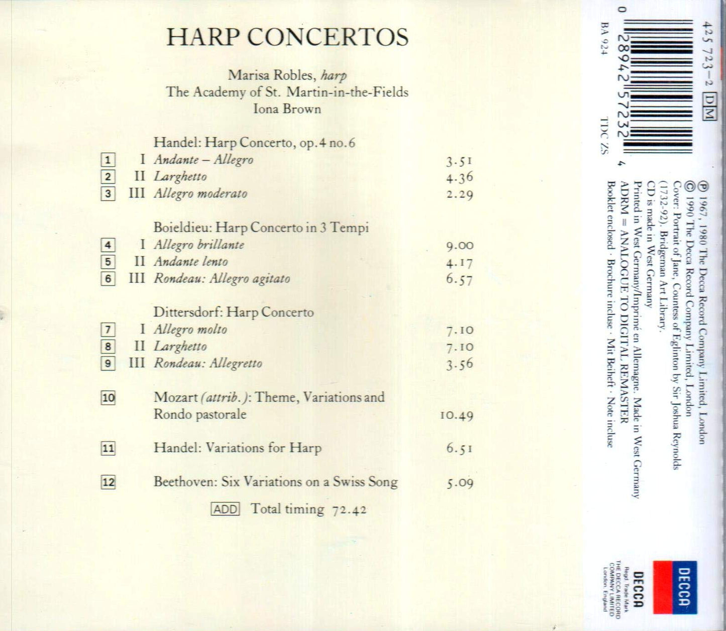 HARP CONCERTOS [Audio CD] Robles, M-Academy Of Smf; George Frederick Handel and Iona Brown - Very Good