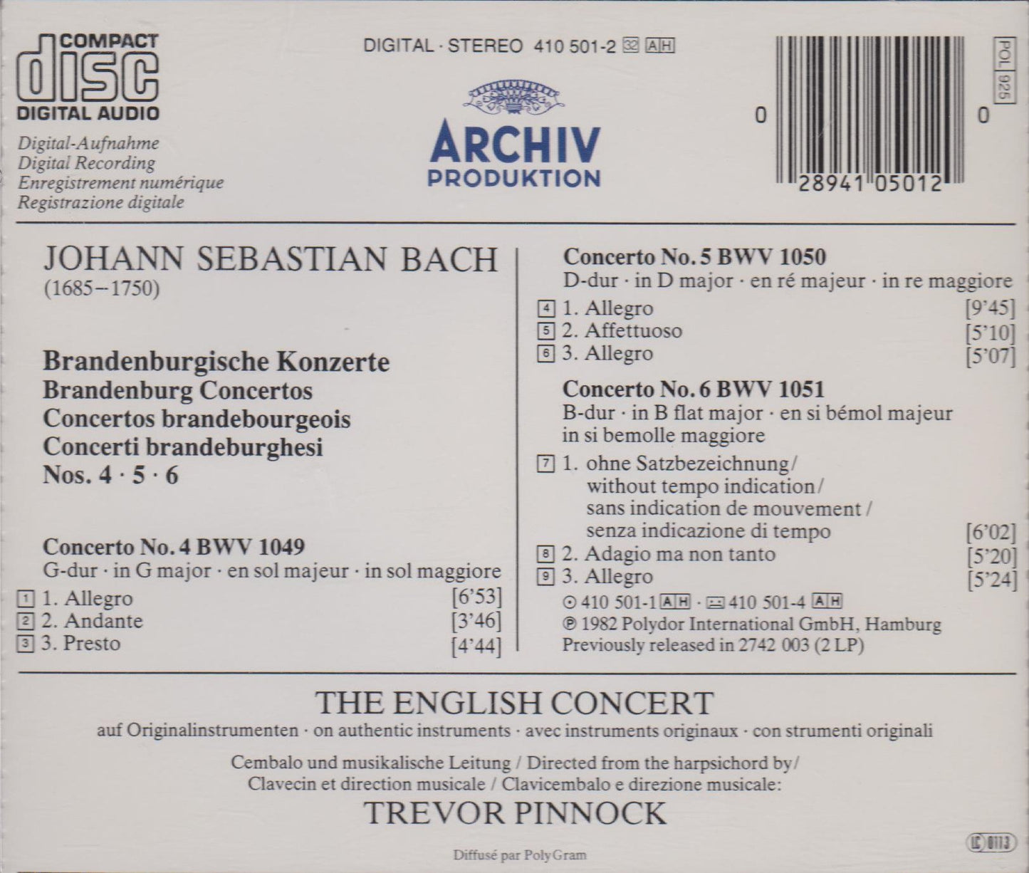 Brandenburg Concerti 4-6 [Audio CD] Bach; Pinnock and English Concert - Very Good