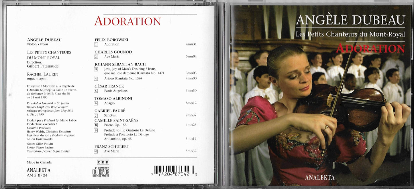 Adoration [Audio CD] Angele Dubeau; Les Petits Chanteurs du Mont-Royal; Felix Borowski; Charles Gounod; Cesar Franck; Tomaso Albinoni; Gabriel Faure and Camille Saint-Saens