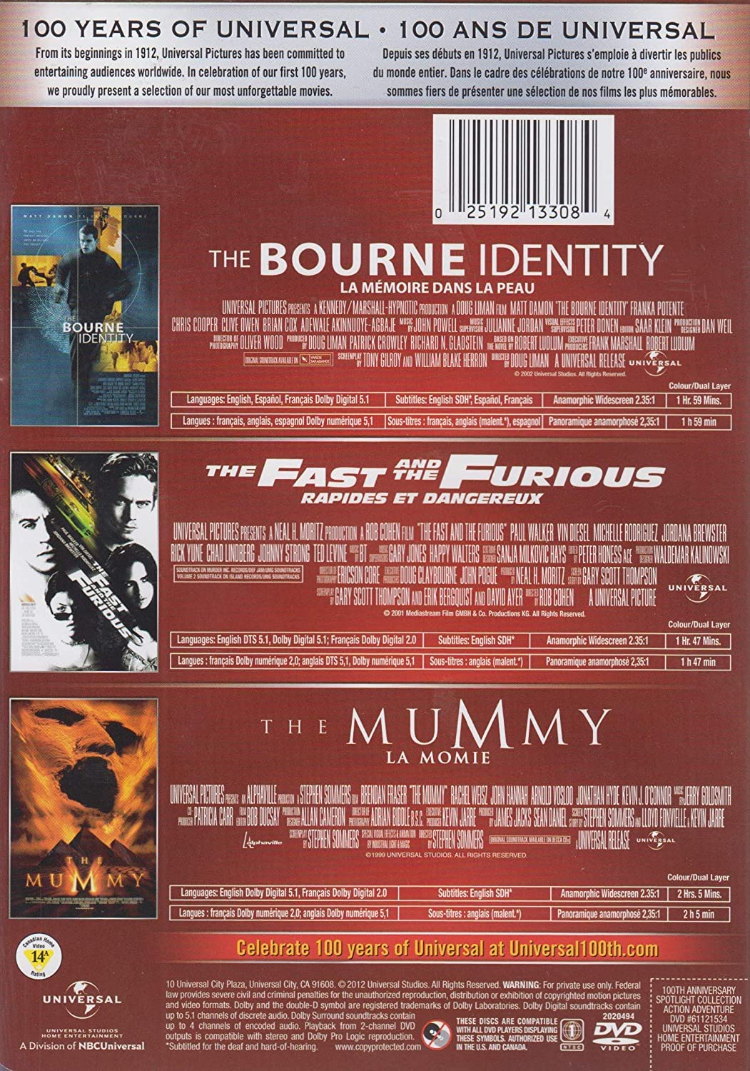 Action Adventure Spotlight Collection (The Bourne Identity / The Fast and the Furious / The Mummy) (Universal's 100th Anniversary Edition) (Bilingual) [DVD] - Good