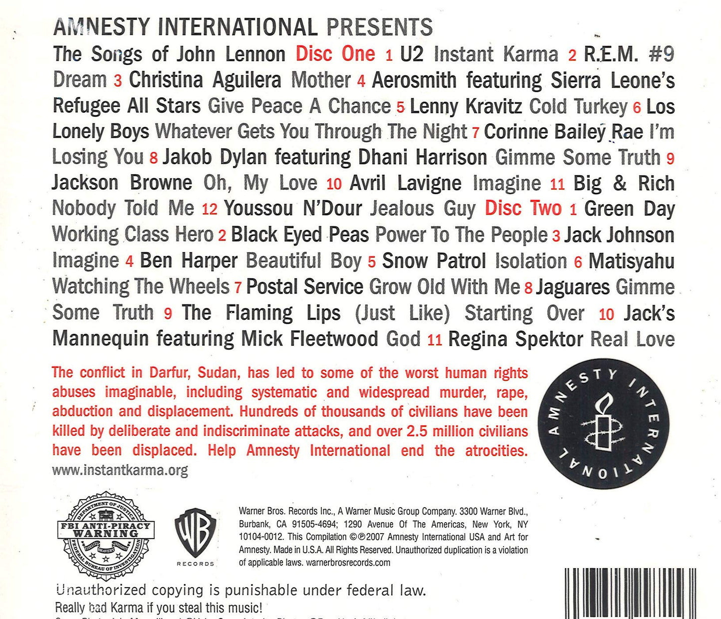 Instant Karma: Save Darfur - John Lennon Tribute (2CD) [Audio CD] Various Artists - Warner Bros. and Various Artists - Very Good