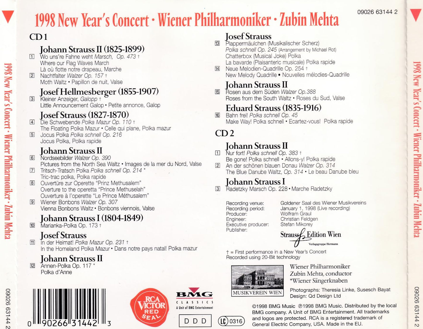 1998 New Year's Concert [Audio CD] Mehta; Vienna Boys Choir and Vpo