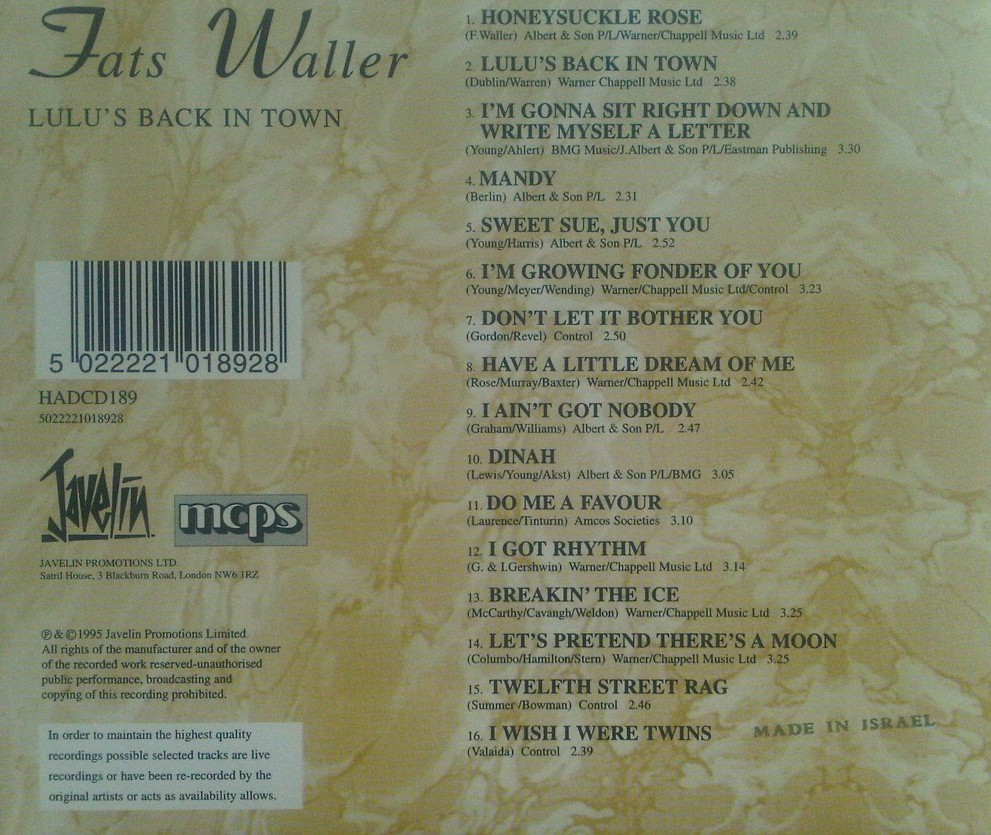 LULU'S BACK IN TOWN [Audio CD] FATS WALLER