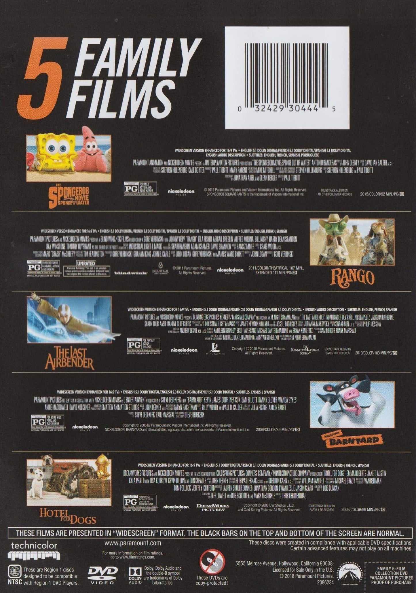 5 Family Films (Spongebob: Movie / Rango / Last Airbender / Barnyard / Hotel for Dogs) [DVD] - Very Good