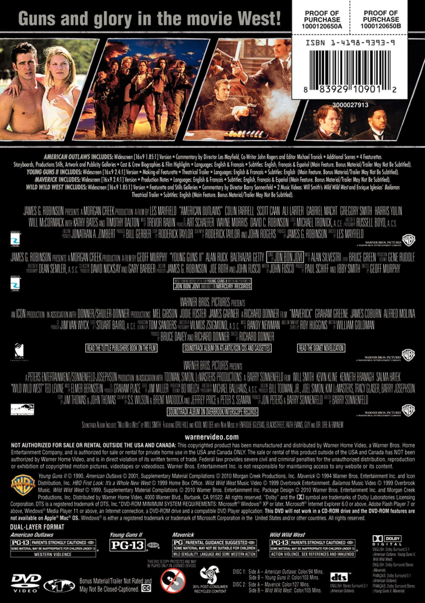 4 Film Favorites: Western Collection (American Outlaws / Young Guns II / Maverick / Wild Wild West) [DVD] - Very Good