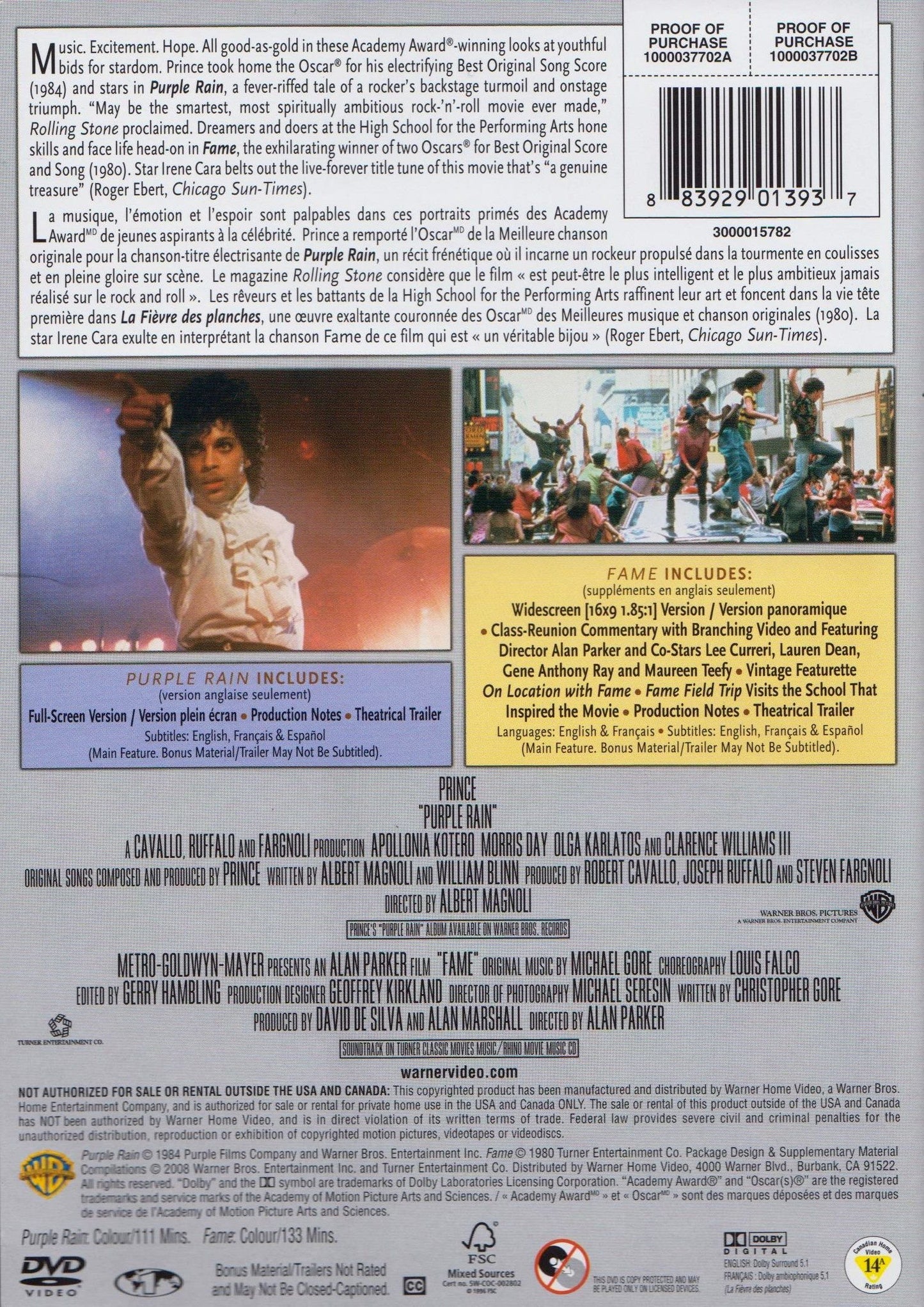Purple Rain/ Fame (DBFE/ MT) (Sous-titres franais) (Bilingual) [DVD]