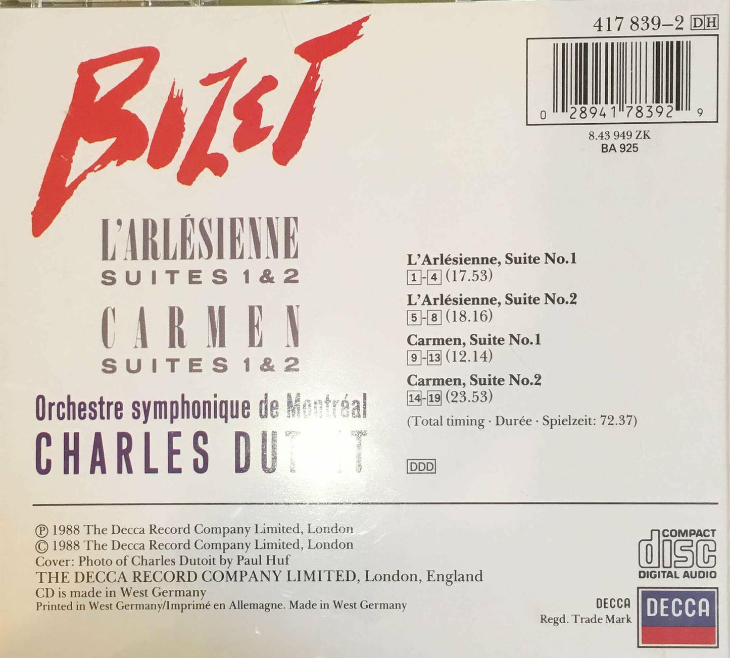 Bizet: L'arlesienne, Carmen Su [Audio CD] Montreal Symphony Orchestra; Dutoit, Charles - Very Good