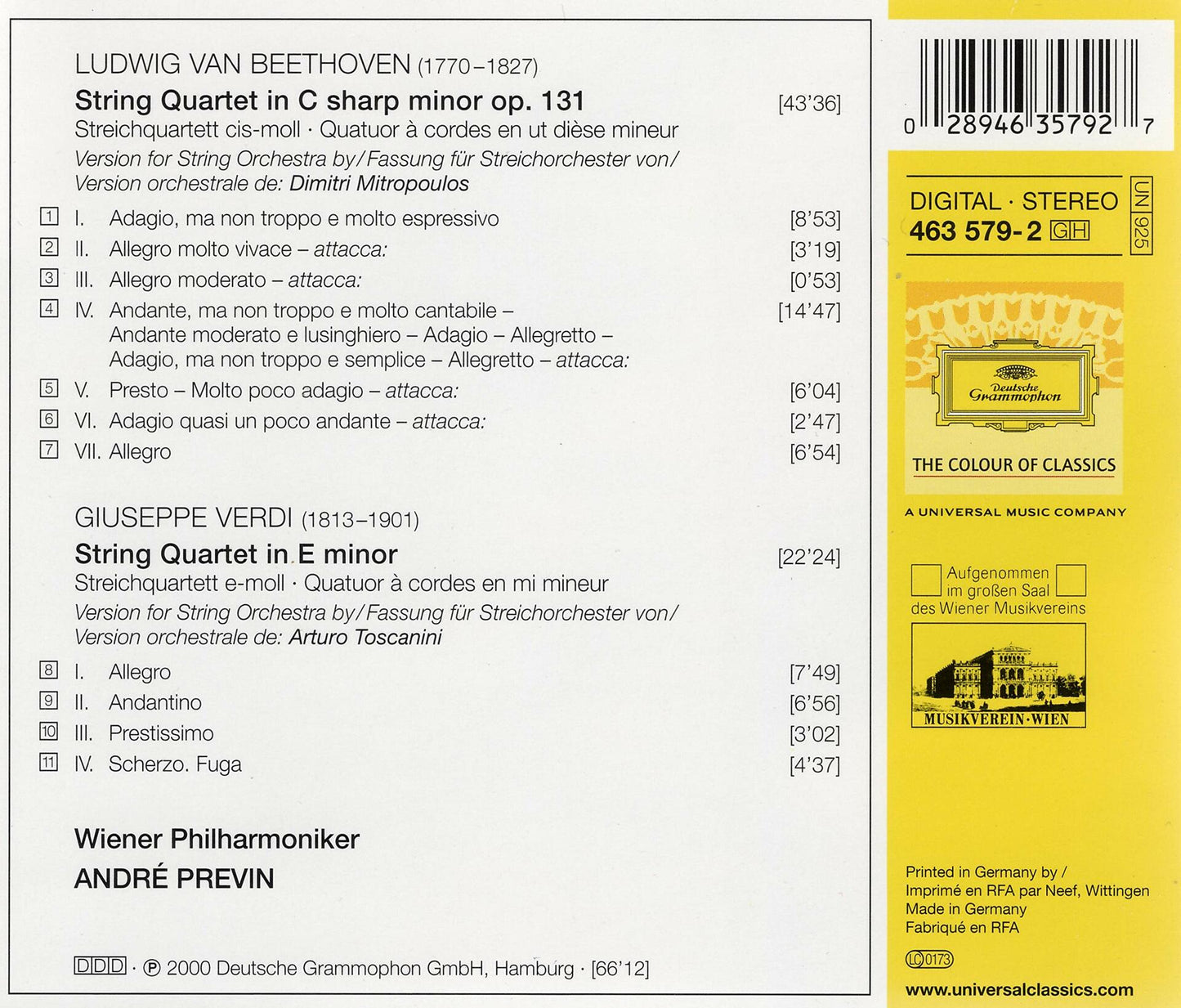 Beethoven/Verdi: String Quartets [Audio CD] PHILHARMONIKER,WIENER / PREVIN,ANDRE - Very Good