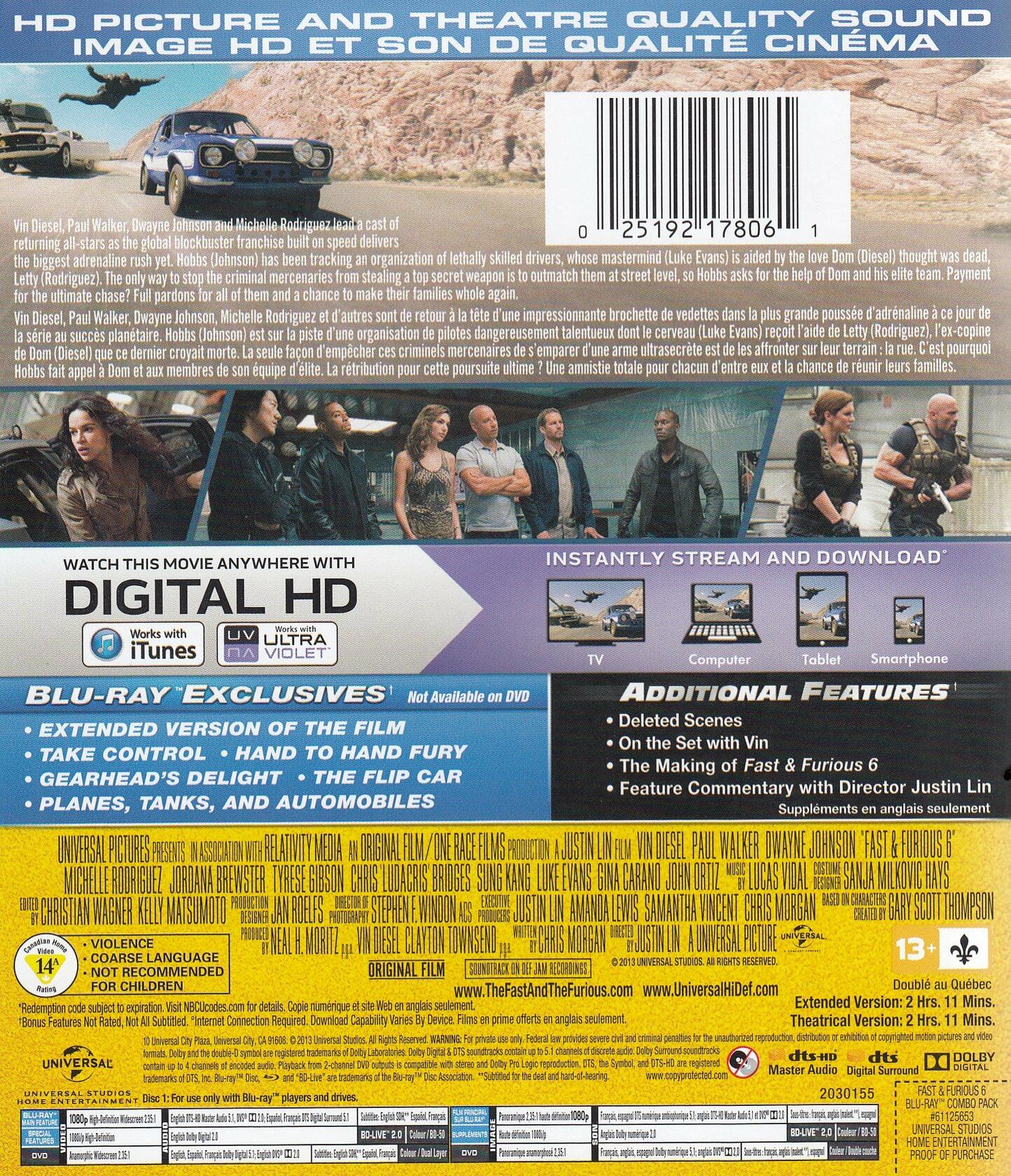 Fast & Furious 6 / Rapides et Dangereux 6 (Extended Edition) [Blu-ray + DVD + Ultraviolet] [Blu-ray] - Very Good