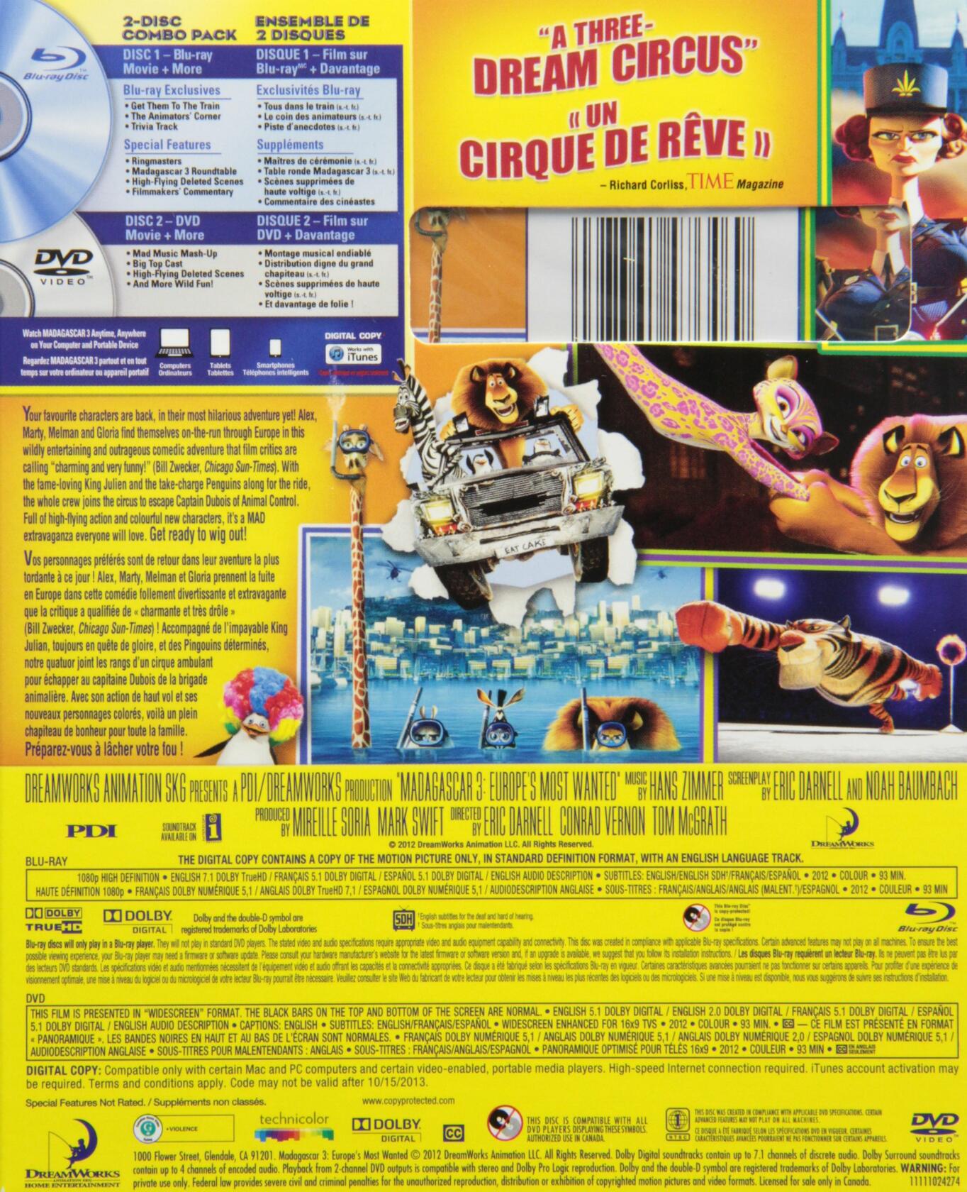 Madagascar 3: Europe's Most Wanted (Bilingual) [Blu-ray + DVD + Digital Copy] [Blu-ray] - Very Good