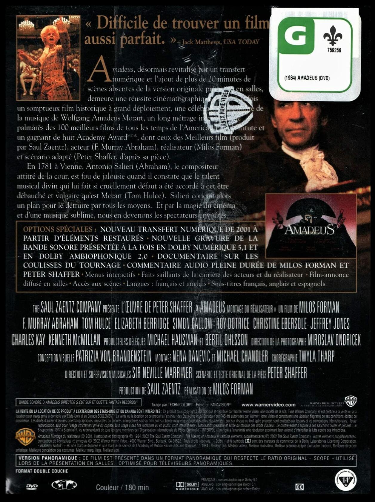 Amadeus: Version Intégrale (English/French) 1984 (Montage du Réalisateur Rallongée de Vingt Minutes) Édition Spéciale de 2 Disques (Widescreen) Régie au Québec (Cover French) - Good