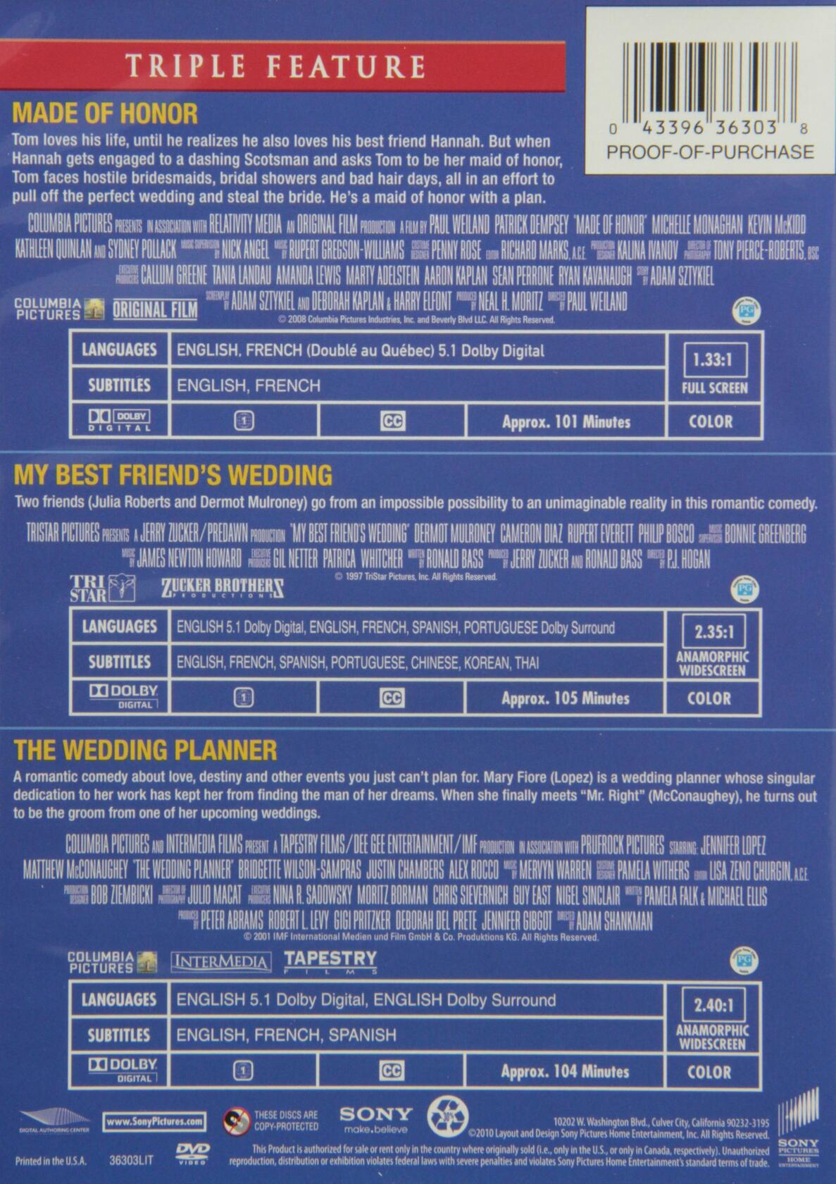 Made of Honor / My Best Friend's Wedding / Wedding Planner, the - Set (Bilingual) [DVD] - Good