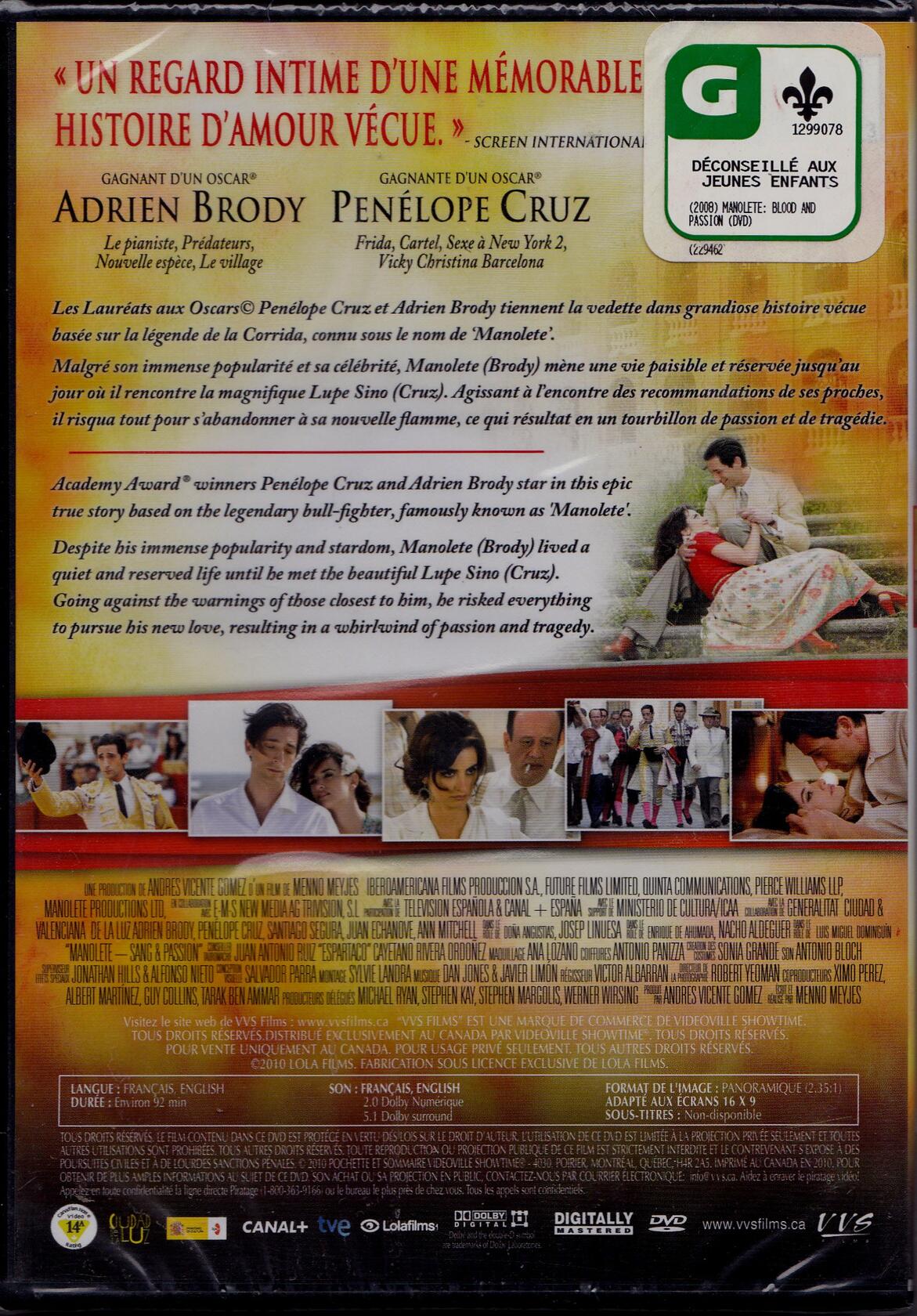 Manolete: Sang et Passion - Blood & Passion (English/French) 2010 (Widescreen) Régie au Québec (Cover French) - Good