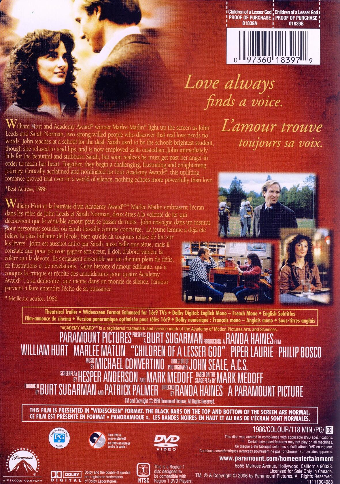 Children of a Lesser God (Widescreen) (Bilingual) [Import] [DVD] - Very Good