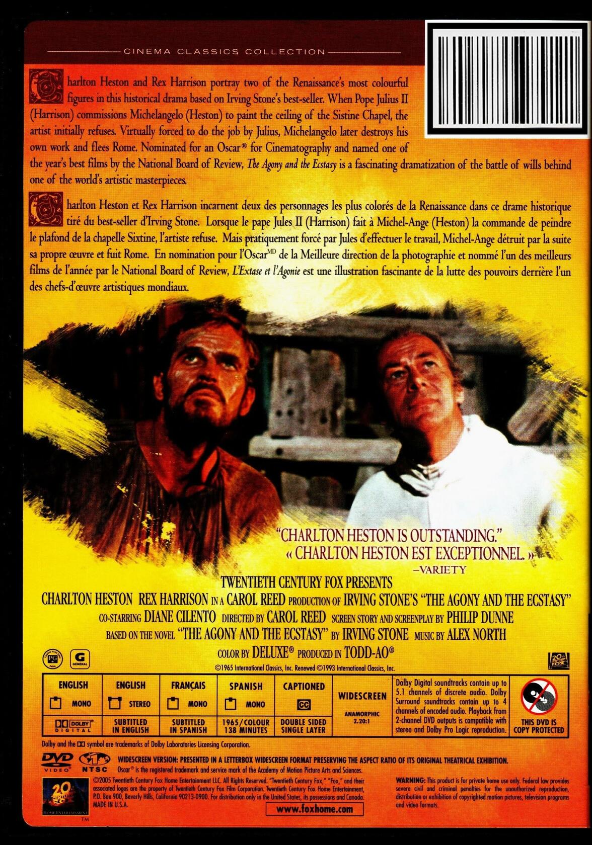 L'Extase et l'Agonie - The Agony and the Ecstasy (English/French) 1965 (Widescreen) Cover Bilingue [DVD] - Very Good