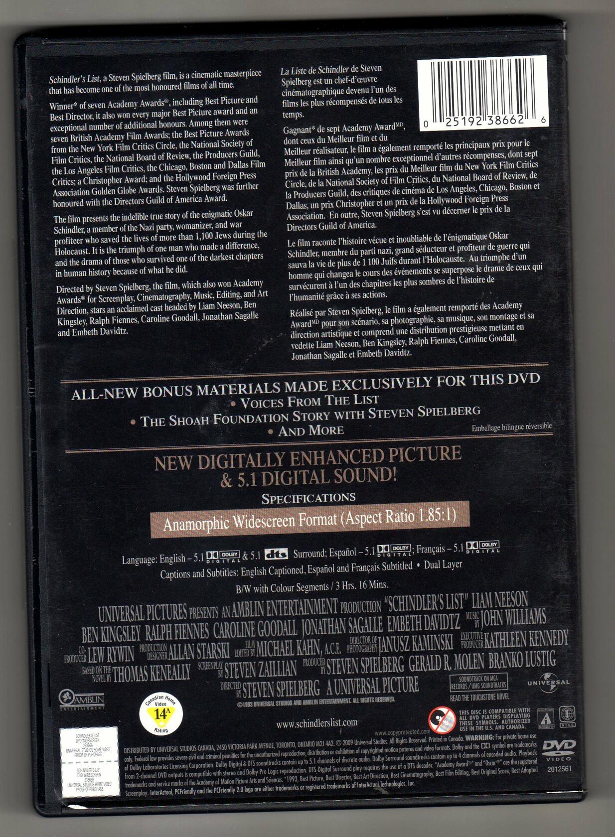 Schindler's List (Widescreen) (Sous-titres français) - Very Good