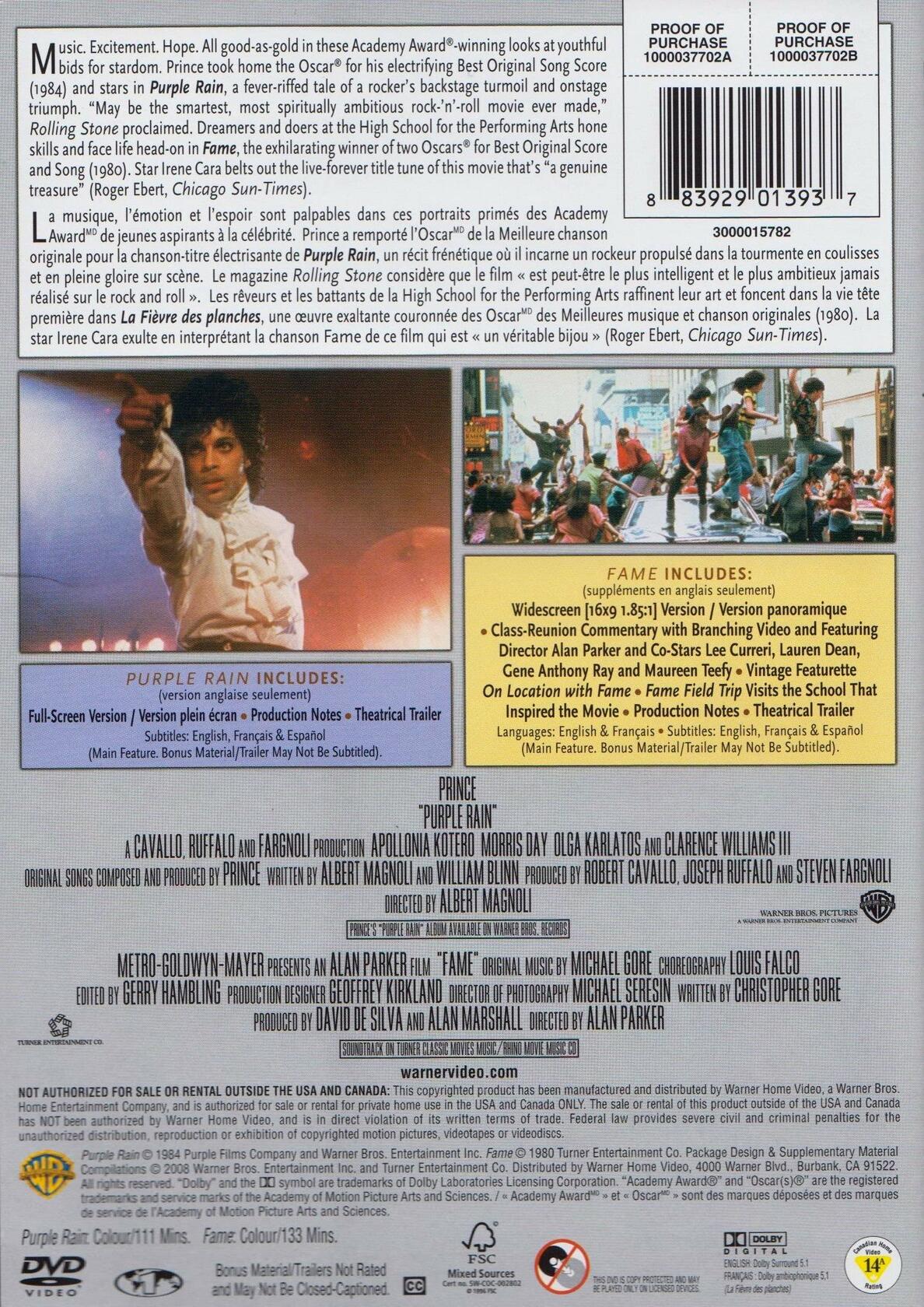 Purple Rain/ Fame (DBFE/ MT) (Sous-titres franais) (Bilingual) [DVD] - Very Good