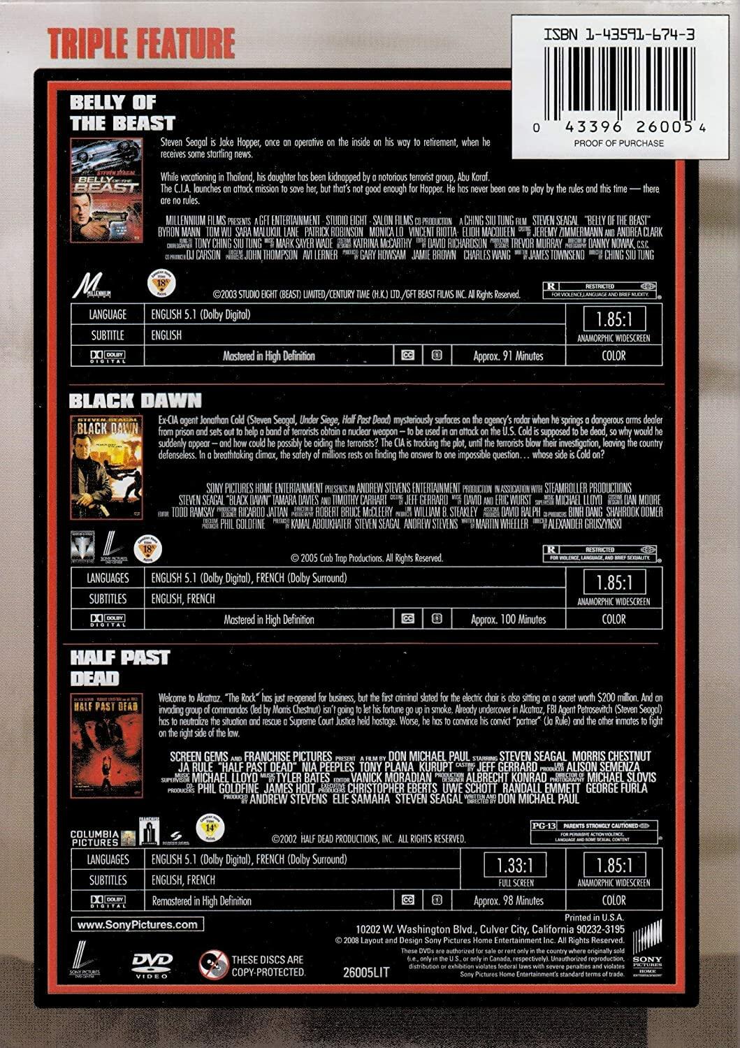Steven Seagal Triple Feature: Belly of the Beast, Black Dawn, Half Past Dead [DVD] - Very Good