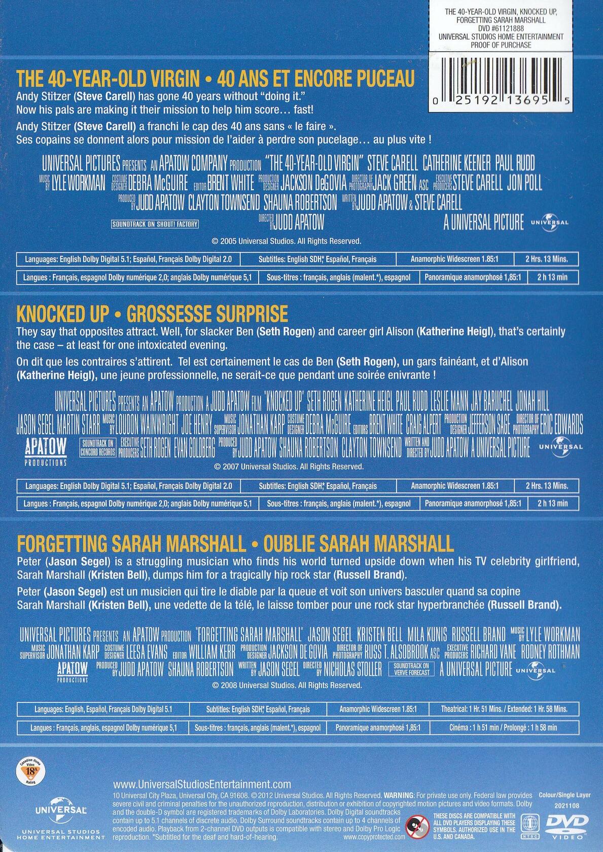 The 40-Year-Old Virgin / Knocked Up / Forgetting Sarah Marshall (Triple Feature) [DVD] - Very Good
