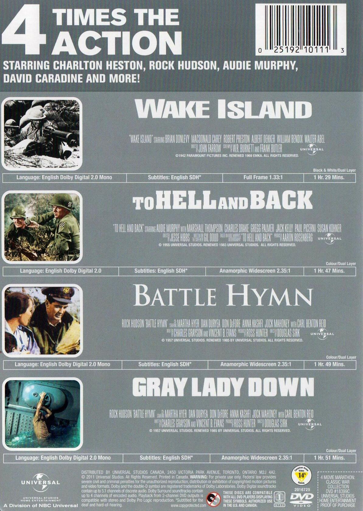 4 Movie Marathon Classic War: Wake Island / To Hell and Back / Battle Hymn / Gray Lady Down [DVD] - Very Good