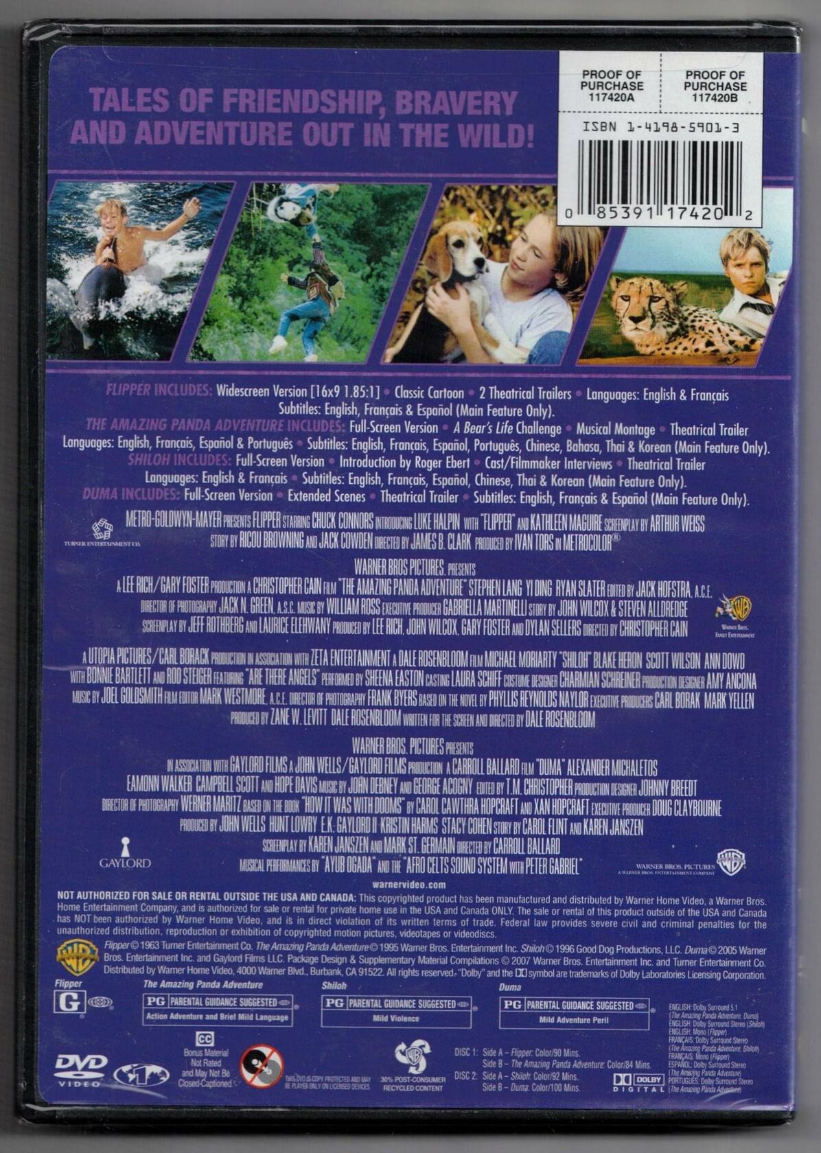 Family Adventures: 4 Film Favorites - Flipper / Amazing Panda Adventure / Shiloh / Duma [DVD] - Good