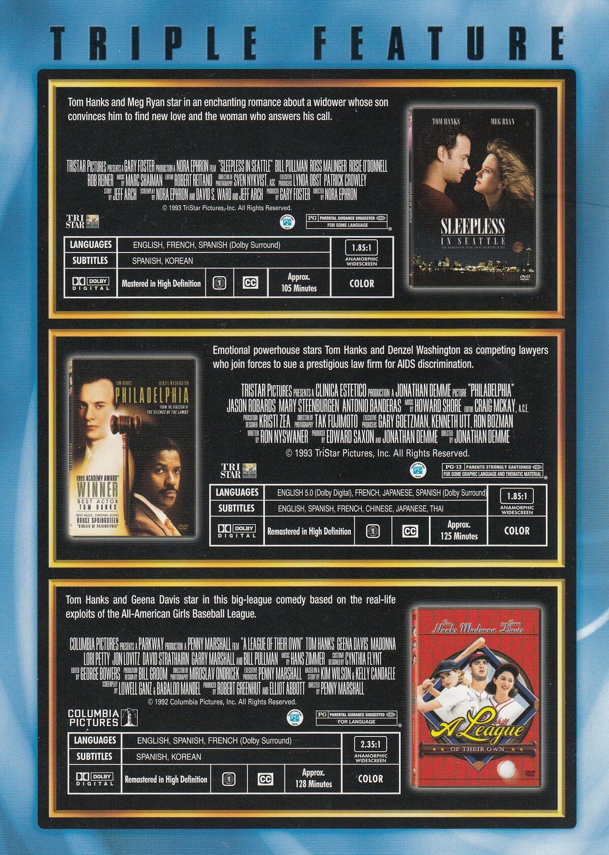 Triple Feature: Sleepless in Seattle/Philadelphia/A League of Their Own [Unknown Binding] - Very Good