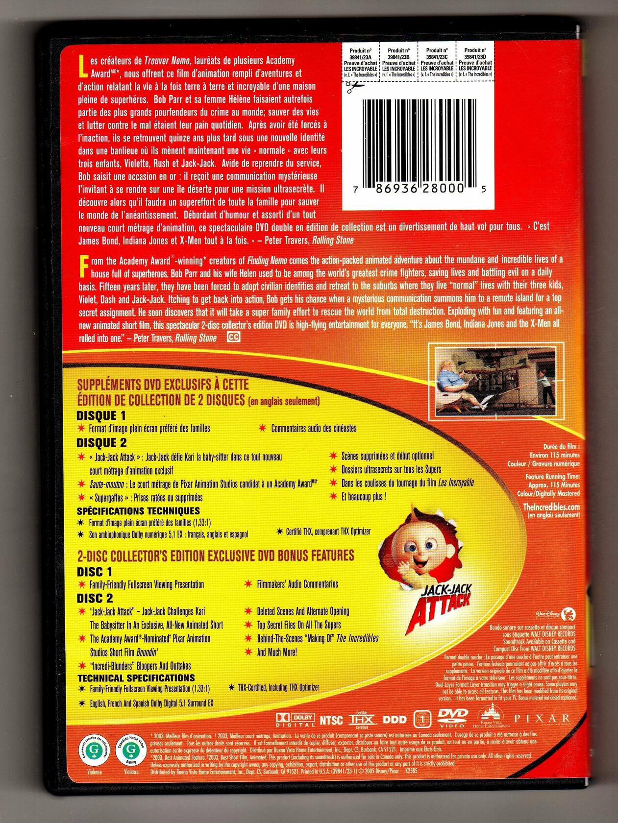 The Incredibles/Les Incroyables (Full Screen) (Quebec Version - English/French) (Bilingual) [DVD] - Good