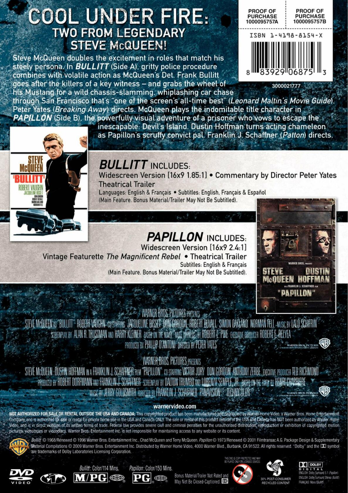 Steve McQueen Collection: Bullitt / Papillon [DVD] - Very Good