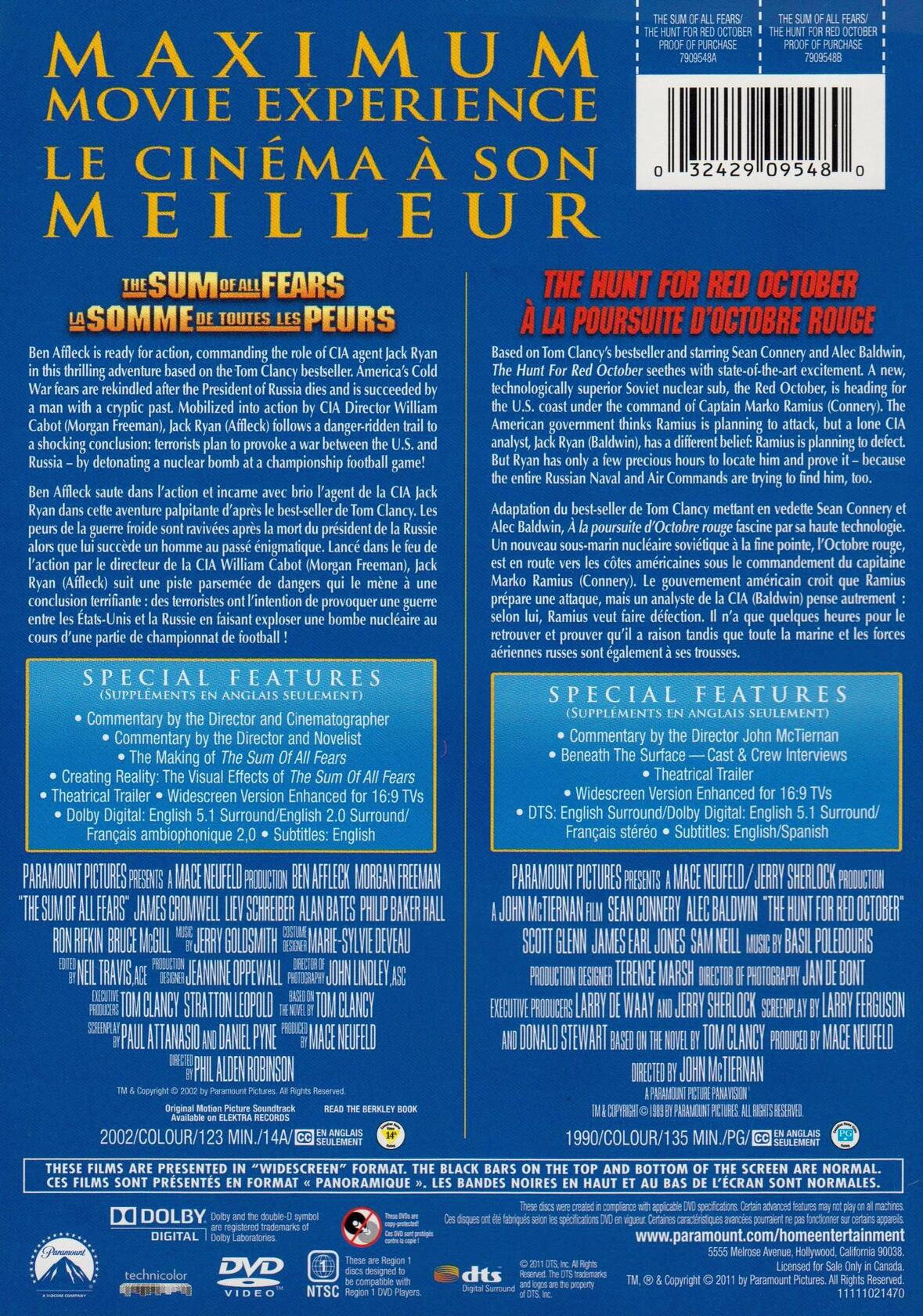 The Sum of All Fears / The Hunt for Red October (Double Feature) [DVD] - Very Good