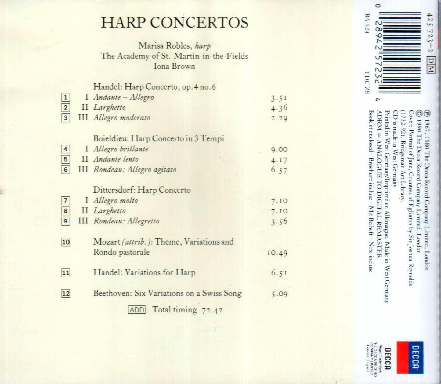 Handel: Harp Concertos [Audio CD] Robles, M-Academy Of Smf; George Frederick Handel and Iona Brown