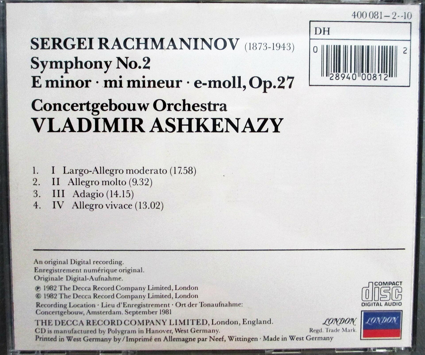 Symphony 2 [Audio CD] Rachmaninoff; Ashkenazy and Cgb - Very Good