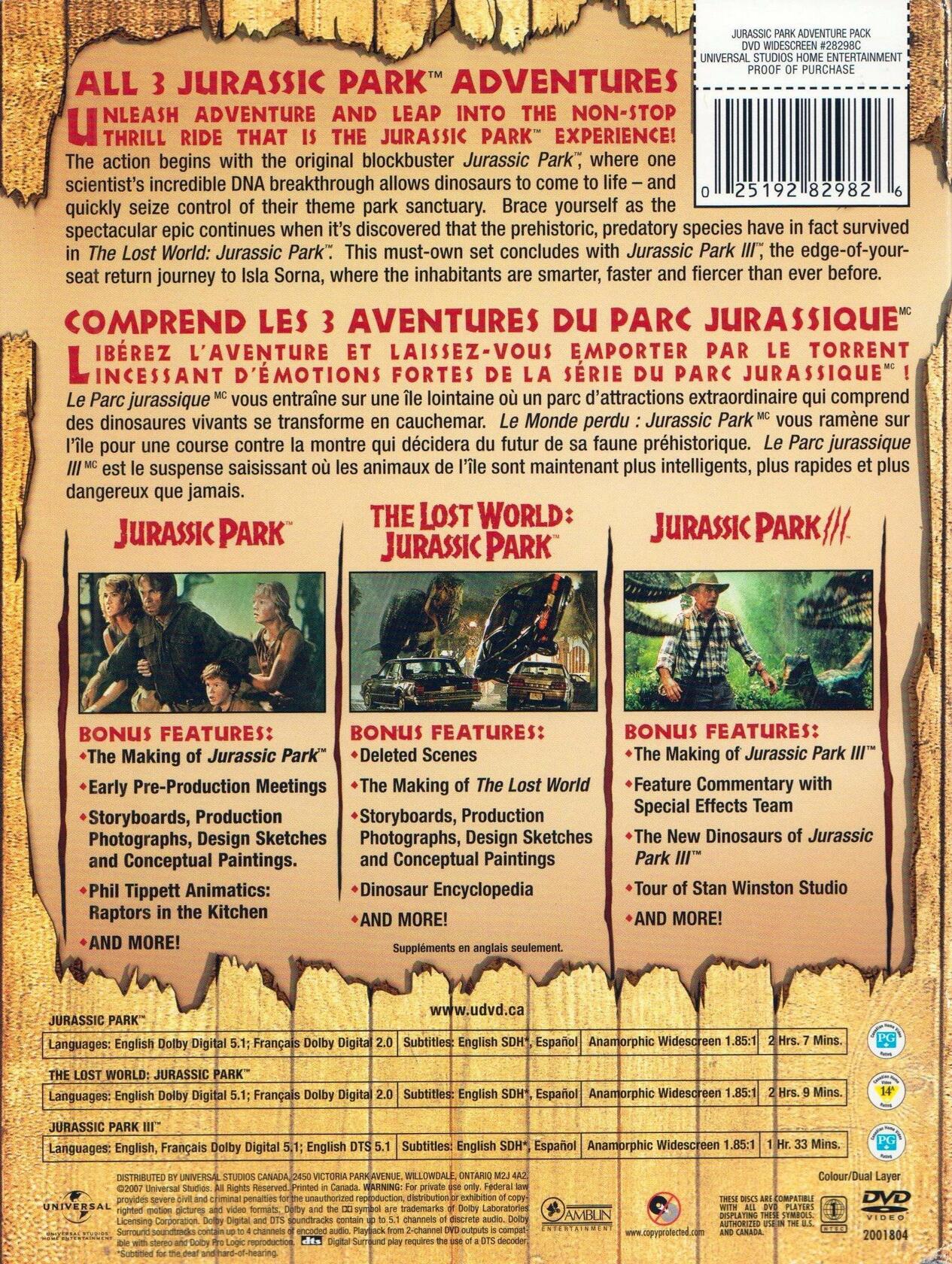 Jurassic Park Adventure Pack (Jurassic Park/ The Lost World: Jurassic Park/ Jurassic Park III) [DVD] - Good
