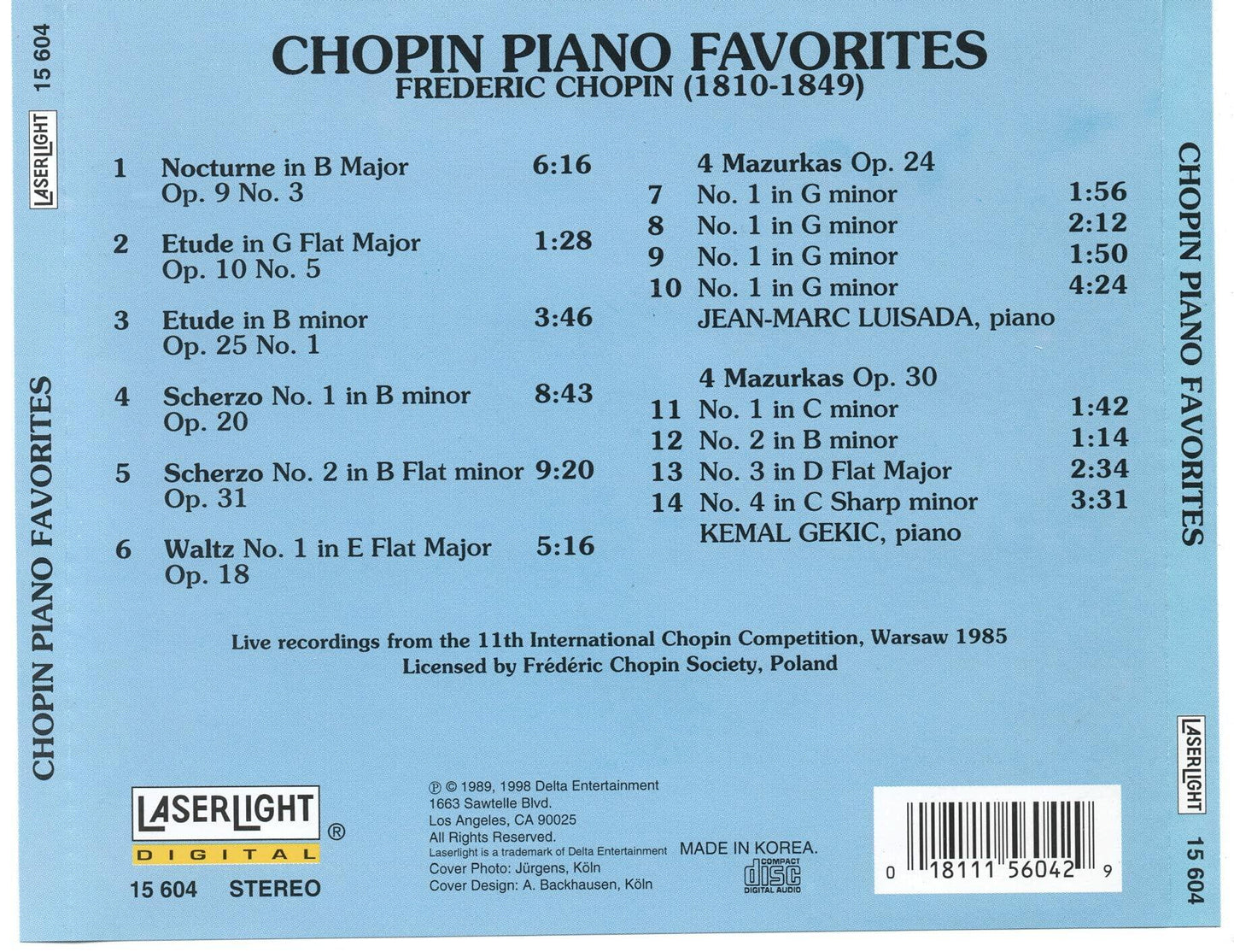 Classical Favorites 1: Chopin Piano Favorites [Audio CD] Chopin; Jablonski; Fichman; Gekic and Luisada - Very Good