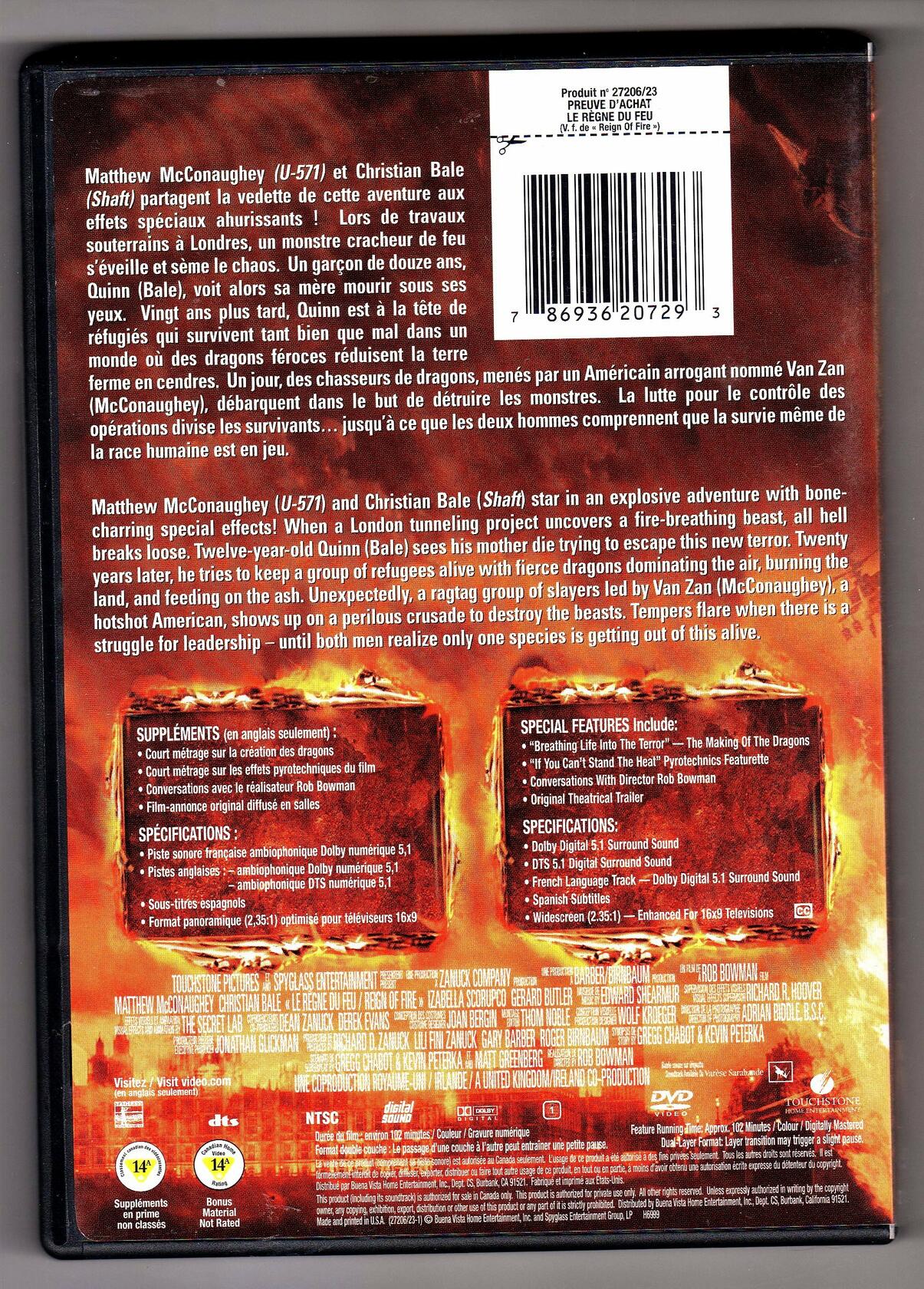 Reign of Fire (Quebec Version - English/French) [DVD] - Very Good