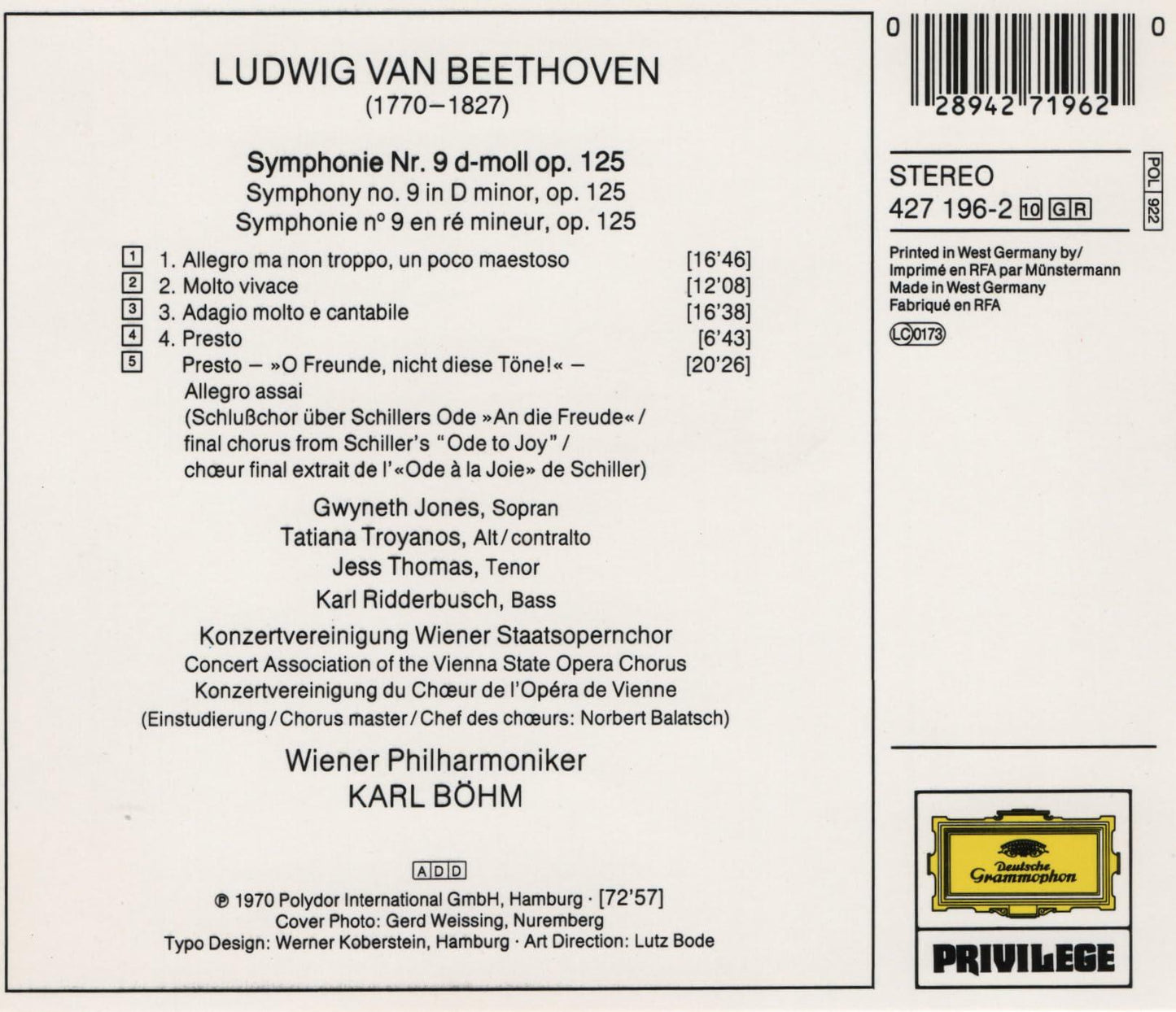 Symphony 9 " Choral " [Audio CD] Beethoven and Bohm - Very Good