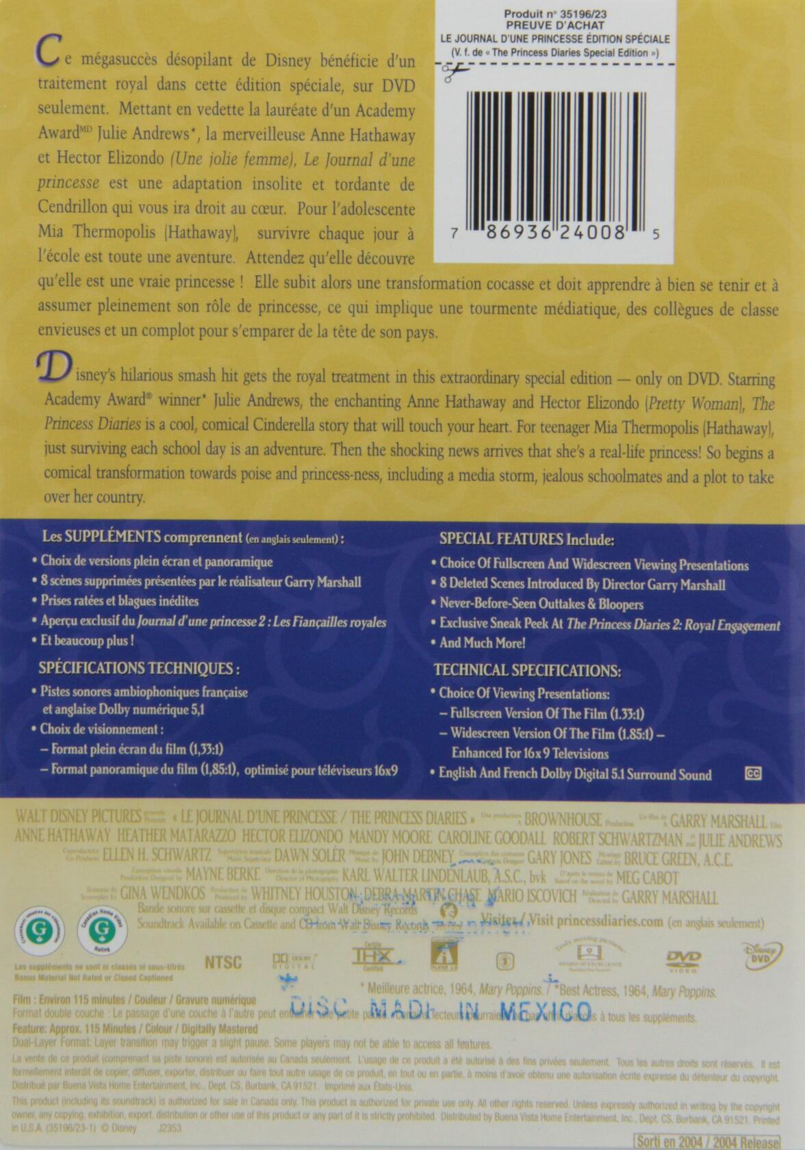 The Princess Diaries (Quebec Version - French/English) (Version française) - Good