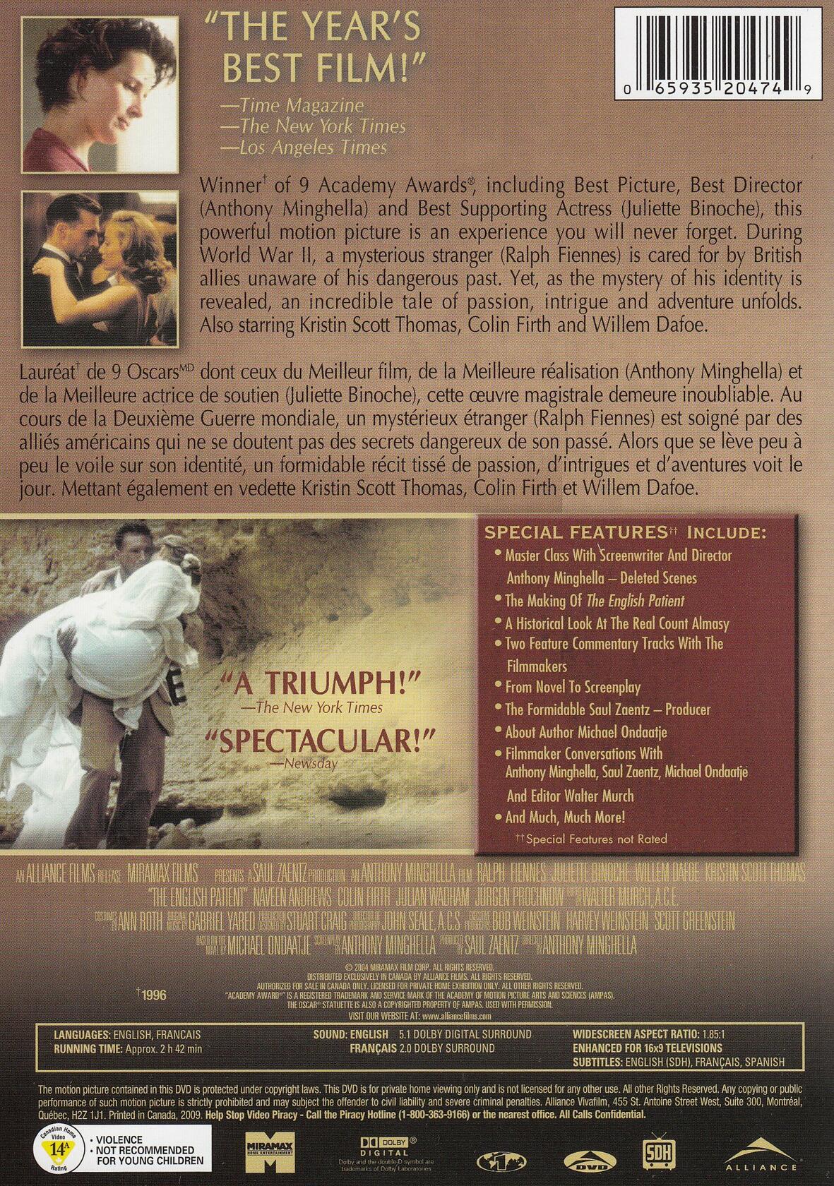 The English Patient [DVD] - Very Good