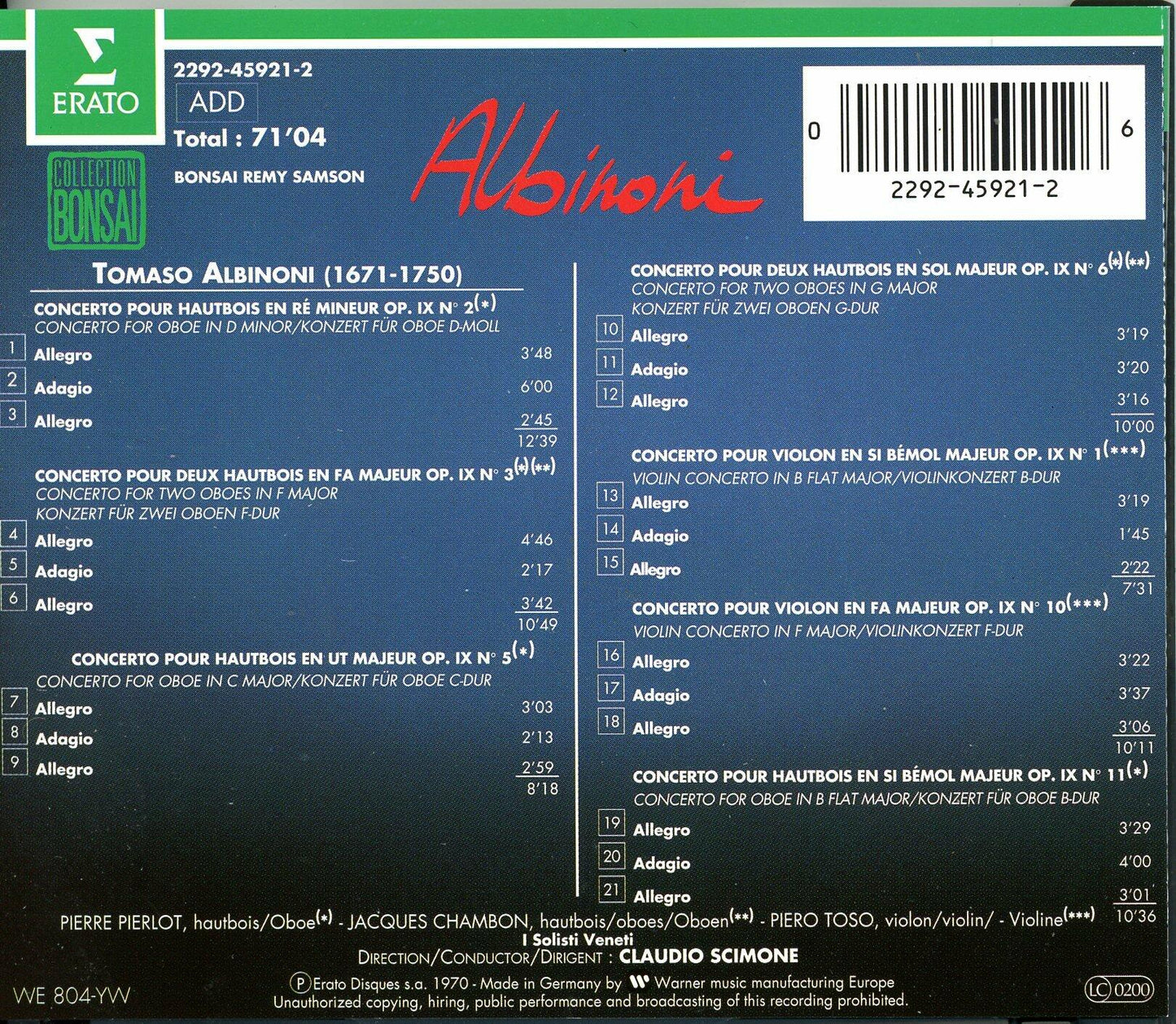 Oboe Concerti / Violin Concerti [Audio CD] Albinoni; Pierlot; Chambon and Scimone