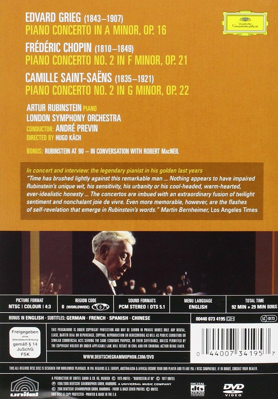 Grieg, Chopin & Saint Saens Piano Concertos / Previn, Rubinstein, London Symphony Orchestra [DVD] - Very Good
