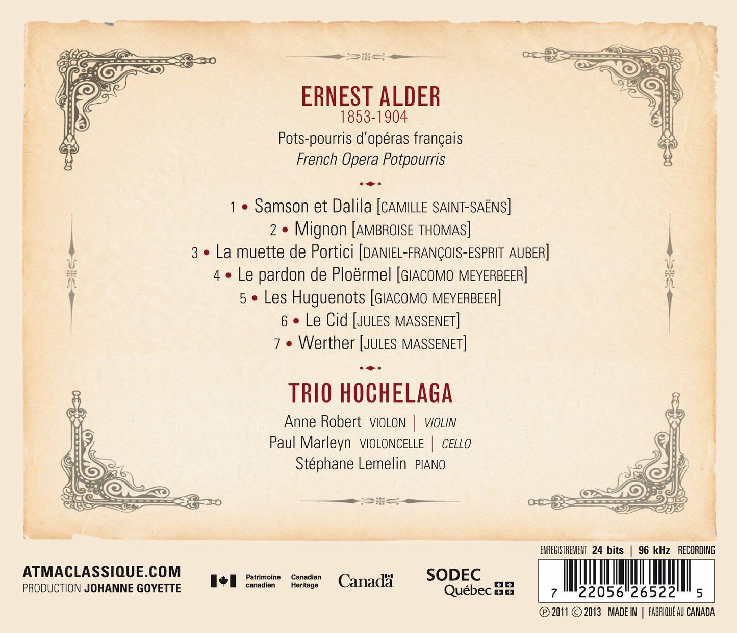 L'opera Concertant [Audio CD] Trio Hochelaga and Ernest Alder - Very Good