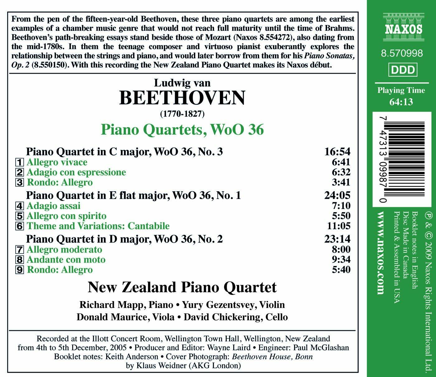 Piano Quartets [Audio CD] New Zealand Piano Quartet; Beethoven Ludwig Van and n/a